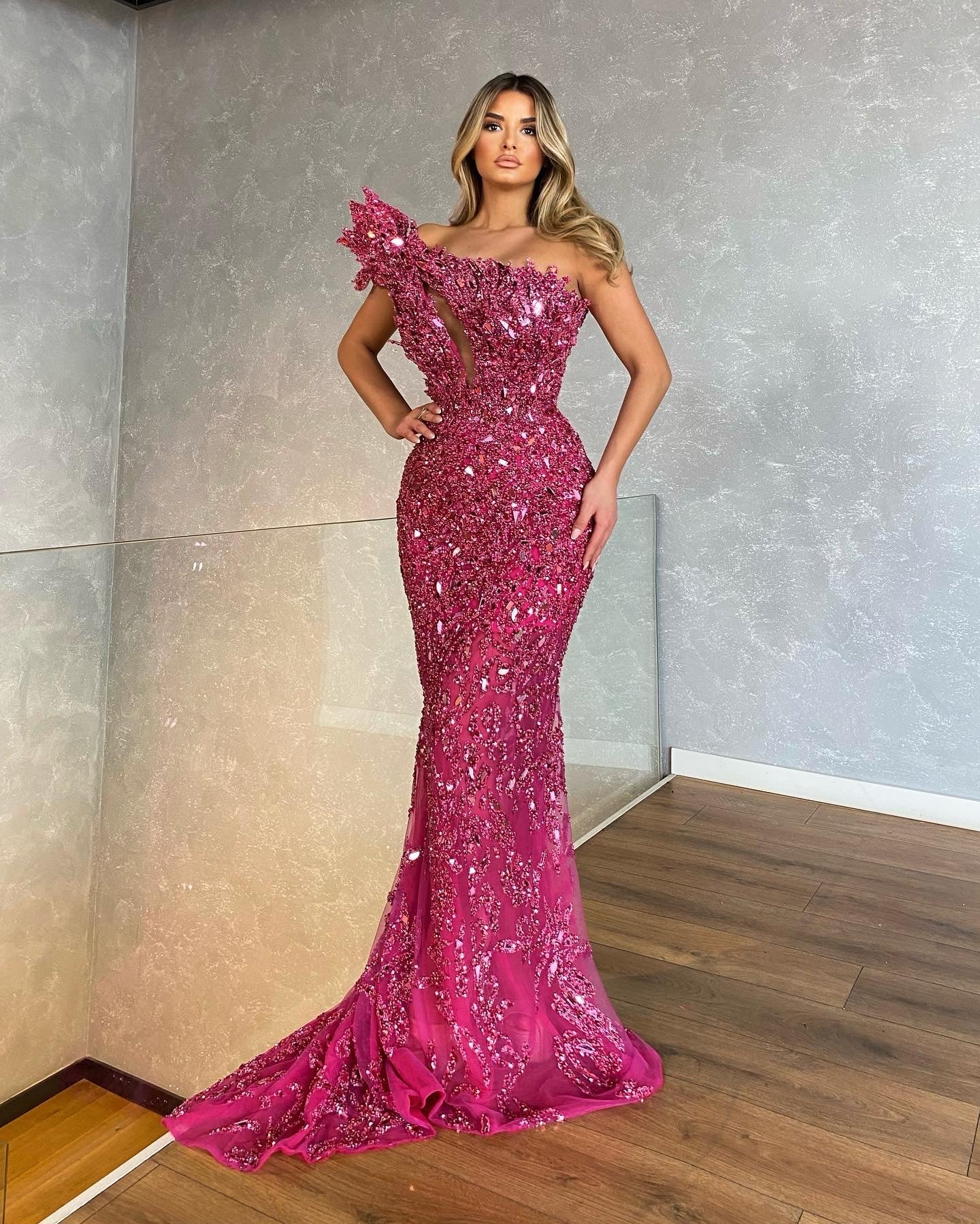 One Shoulder Pink Shimmering Gown