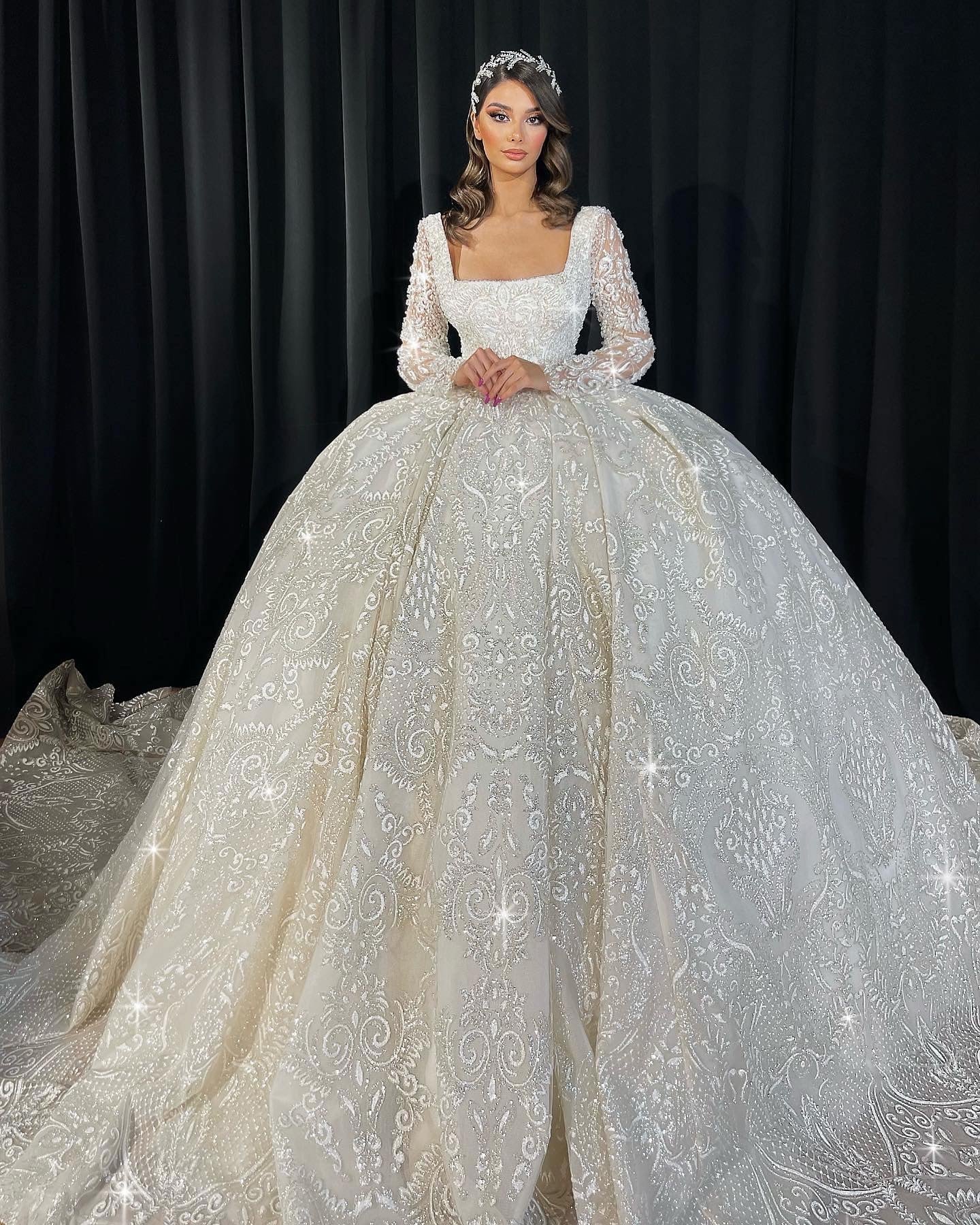 Square Neckline Lace Ball Gown