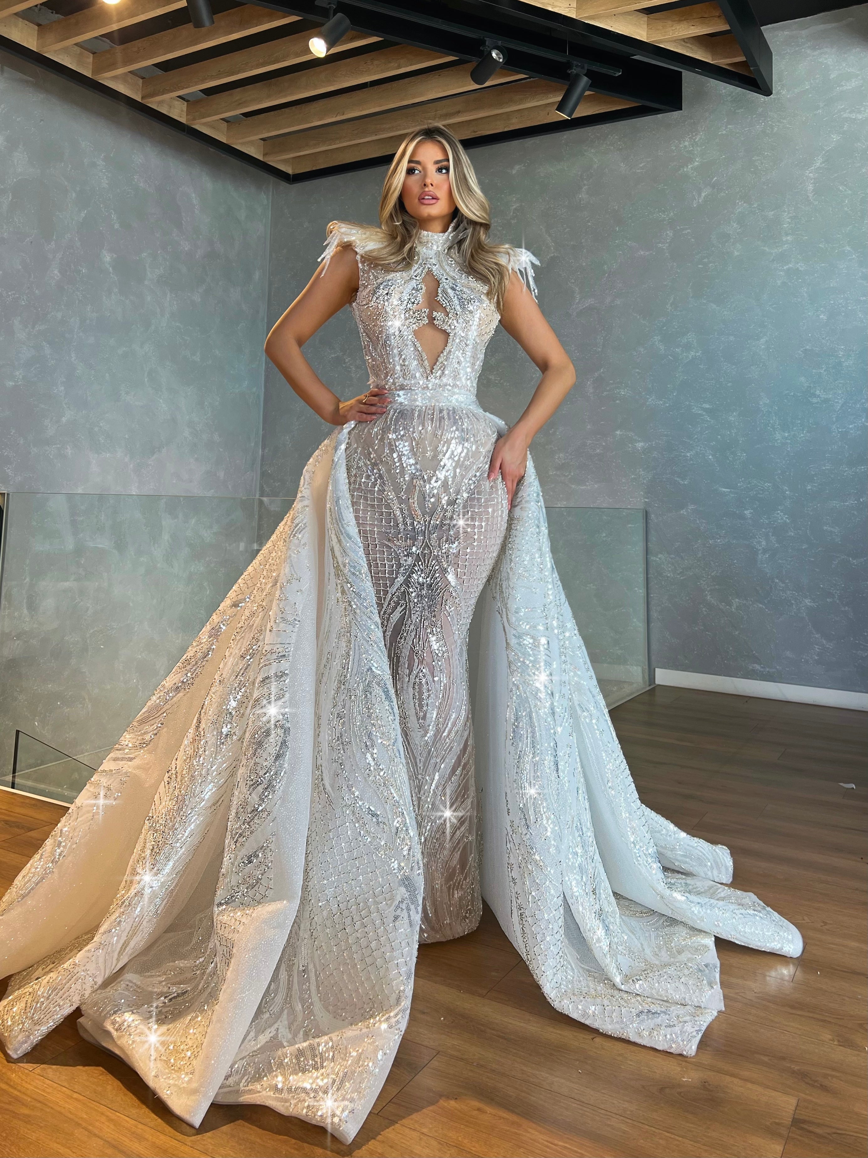 Sleeveless Silver Lace Gown with Detachable Overskirt