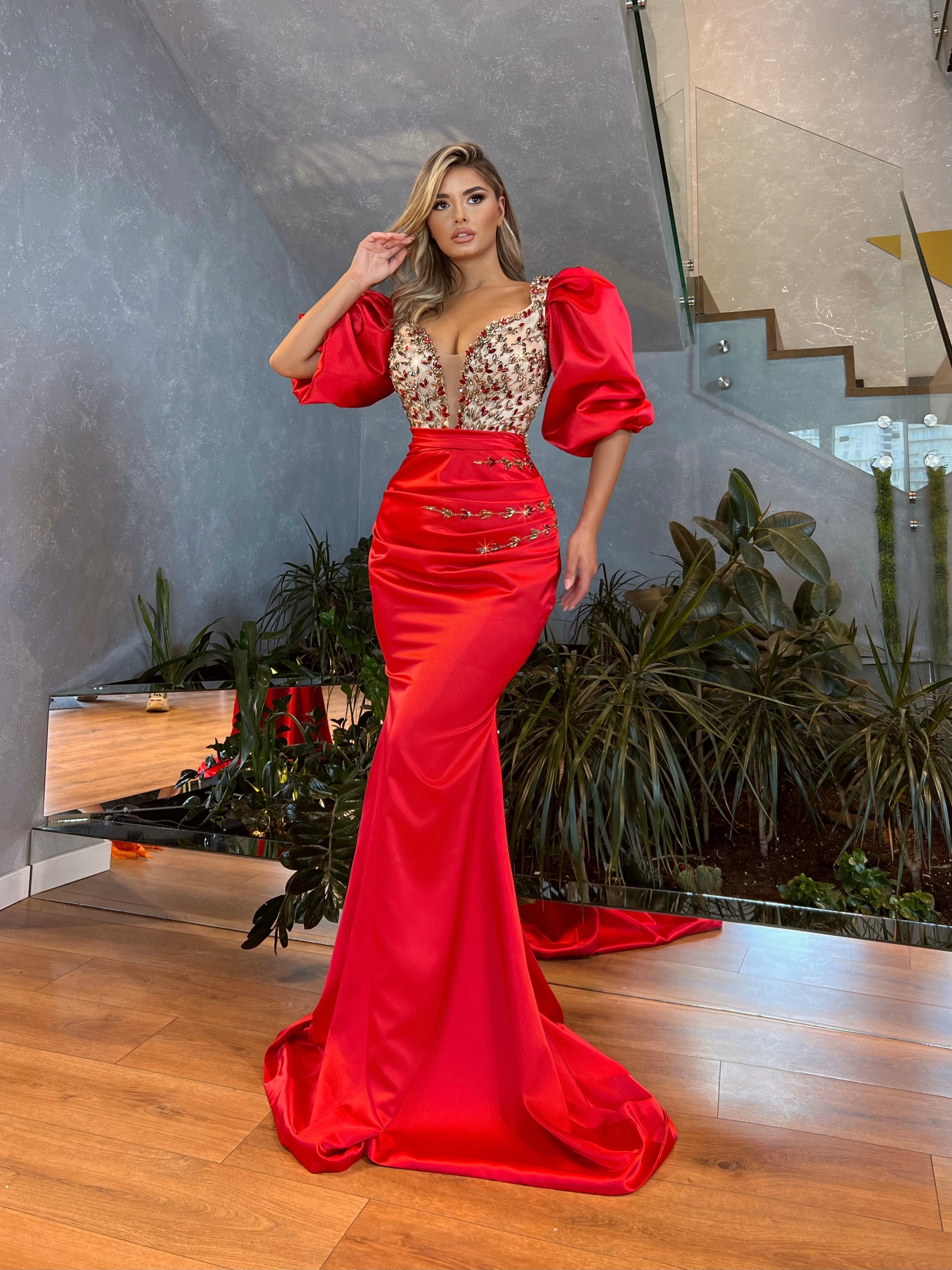 Long Red Satin Dress with Embellished Corset