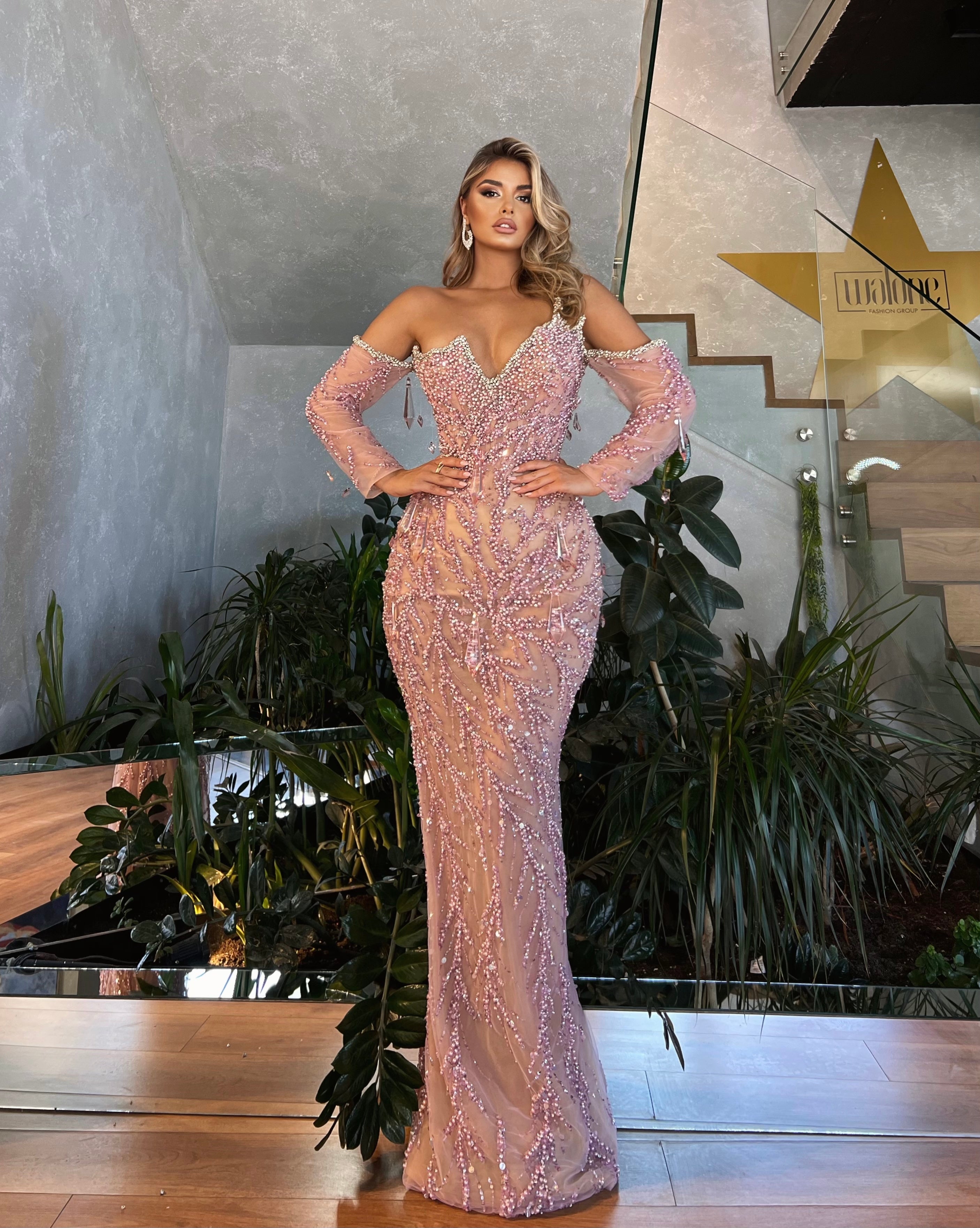 Off Shoulders Baby Pink Beaded Dress