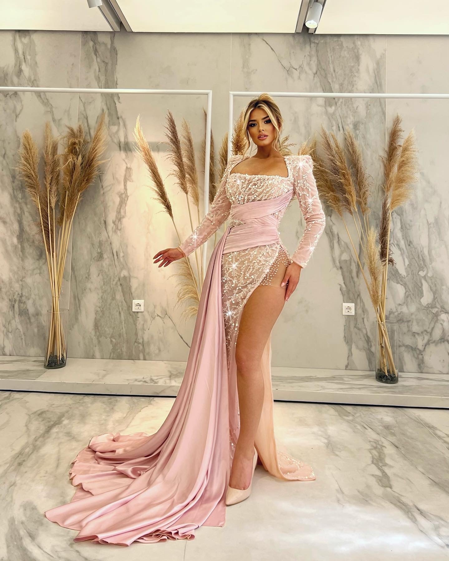 Baby Pink Beaded Dress with Satin Tail XL