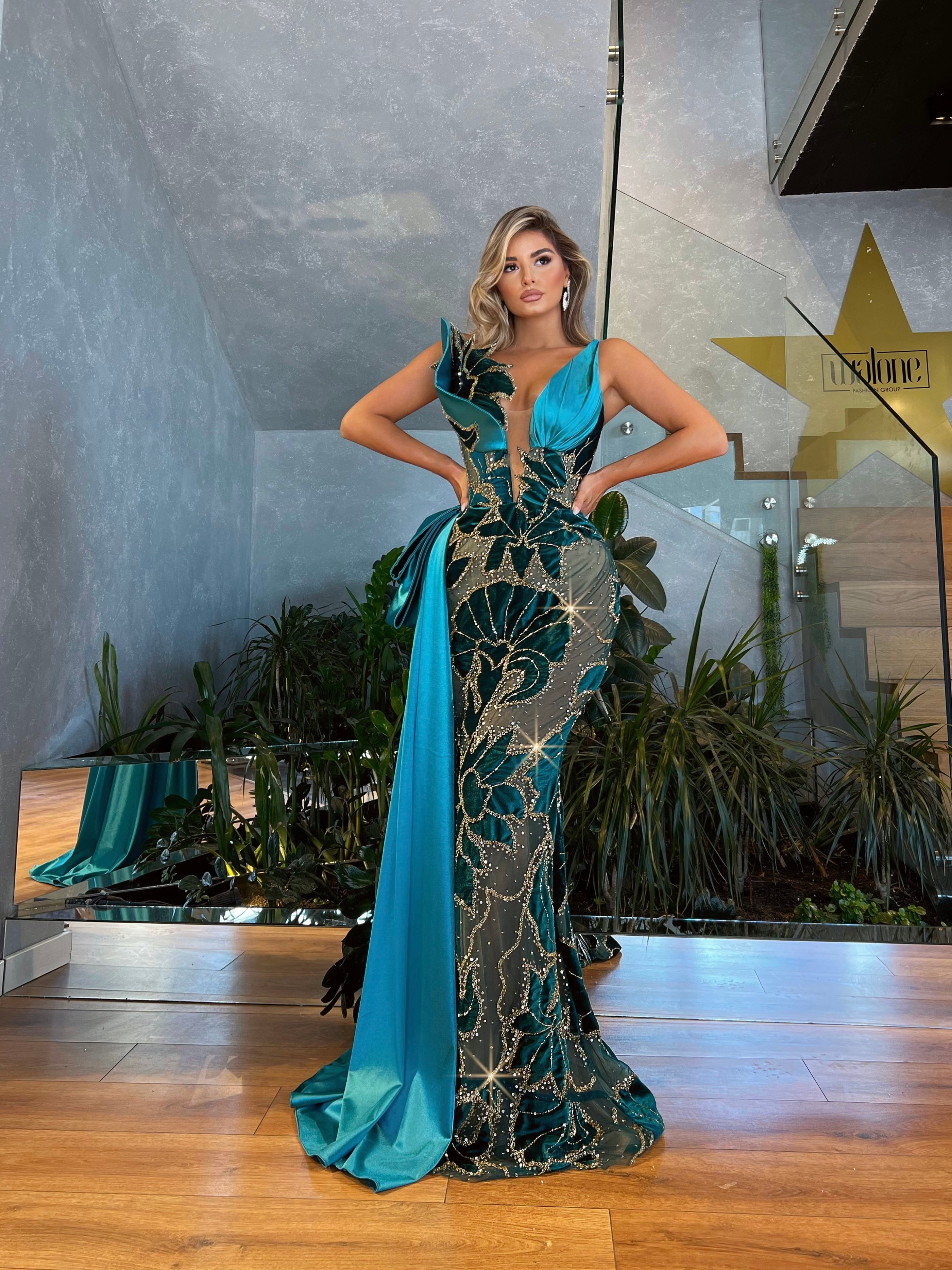 Dark Turquoise Strapless Dress with Satin Tail