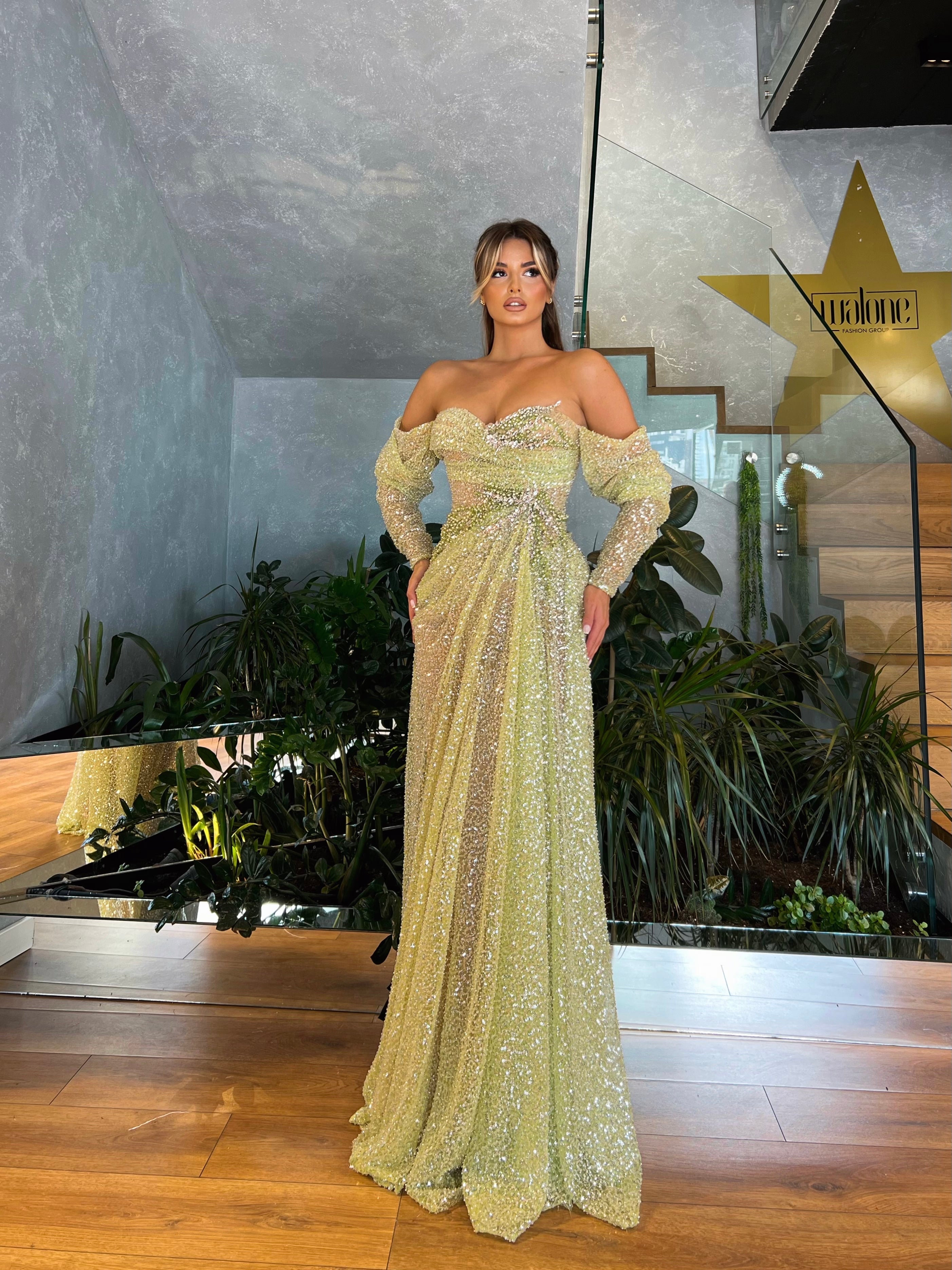 Off Shoulders Green Sequin Dress