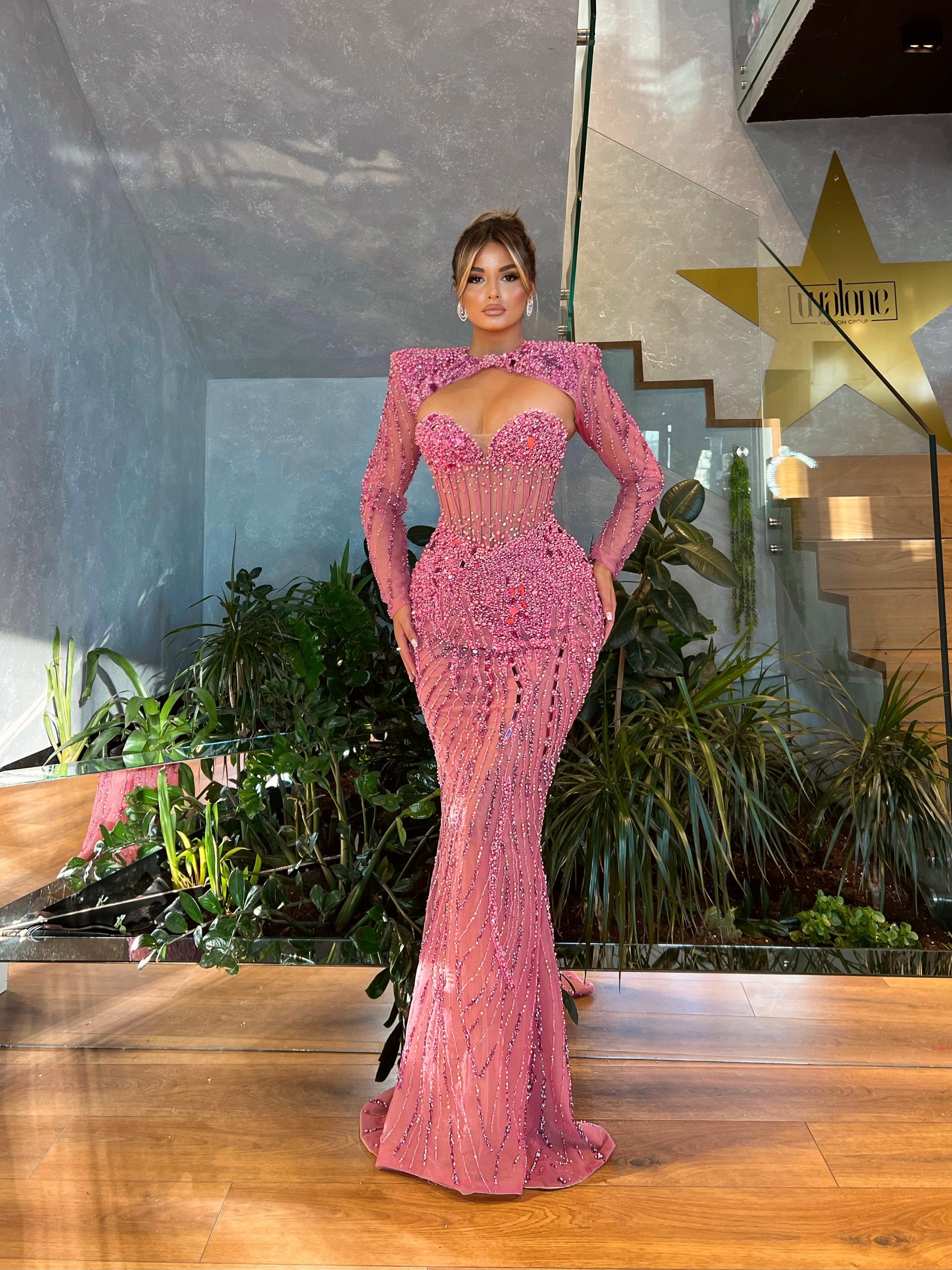 Open Chest Pink Beaded Dress  Walone LLC