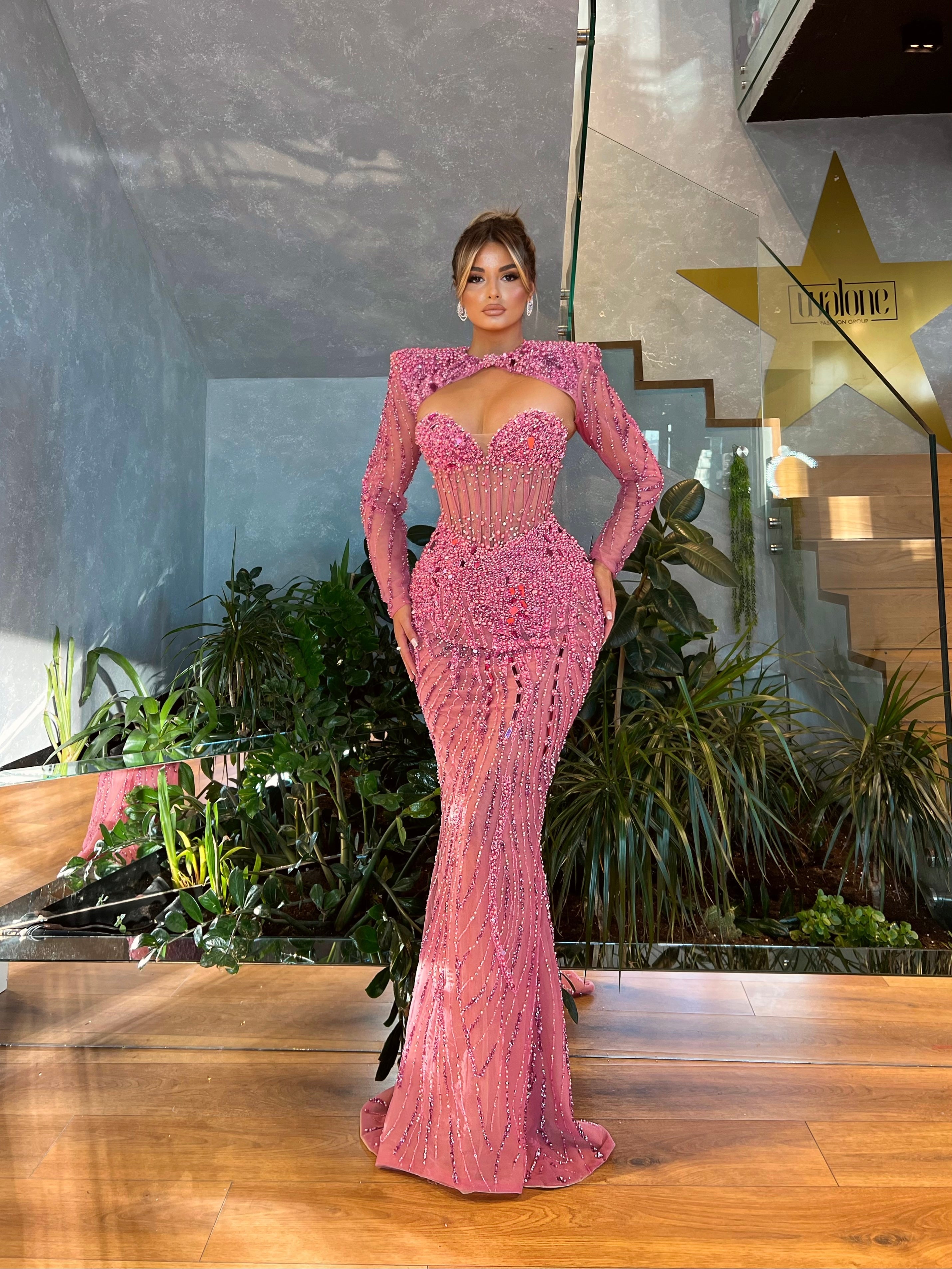 Open Chest Pink Beaded Dress