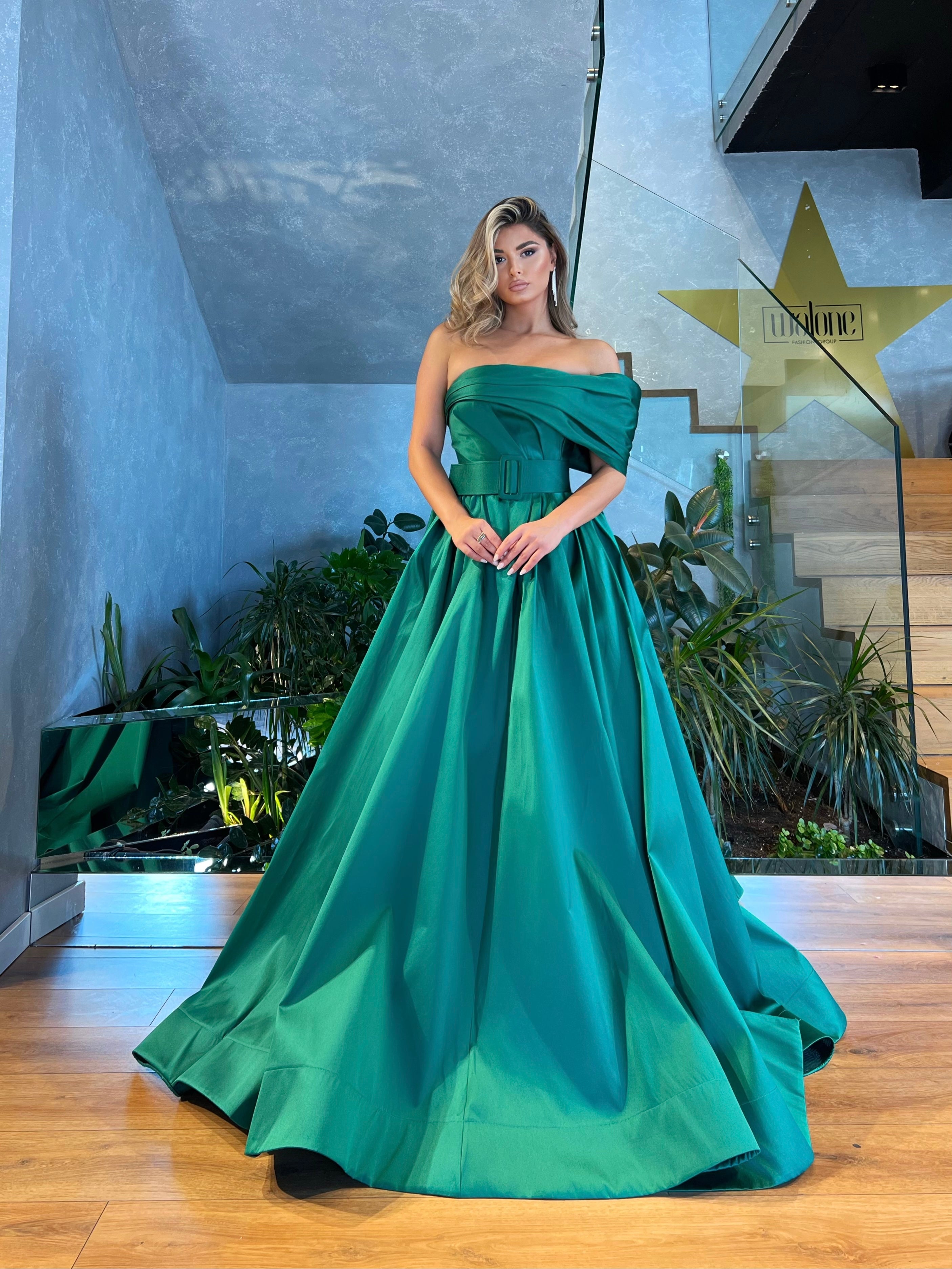 One Shoulder Fold Over Green Satin Dress