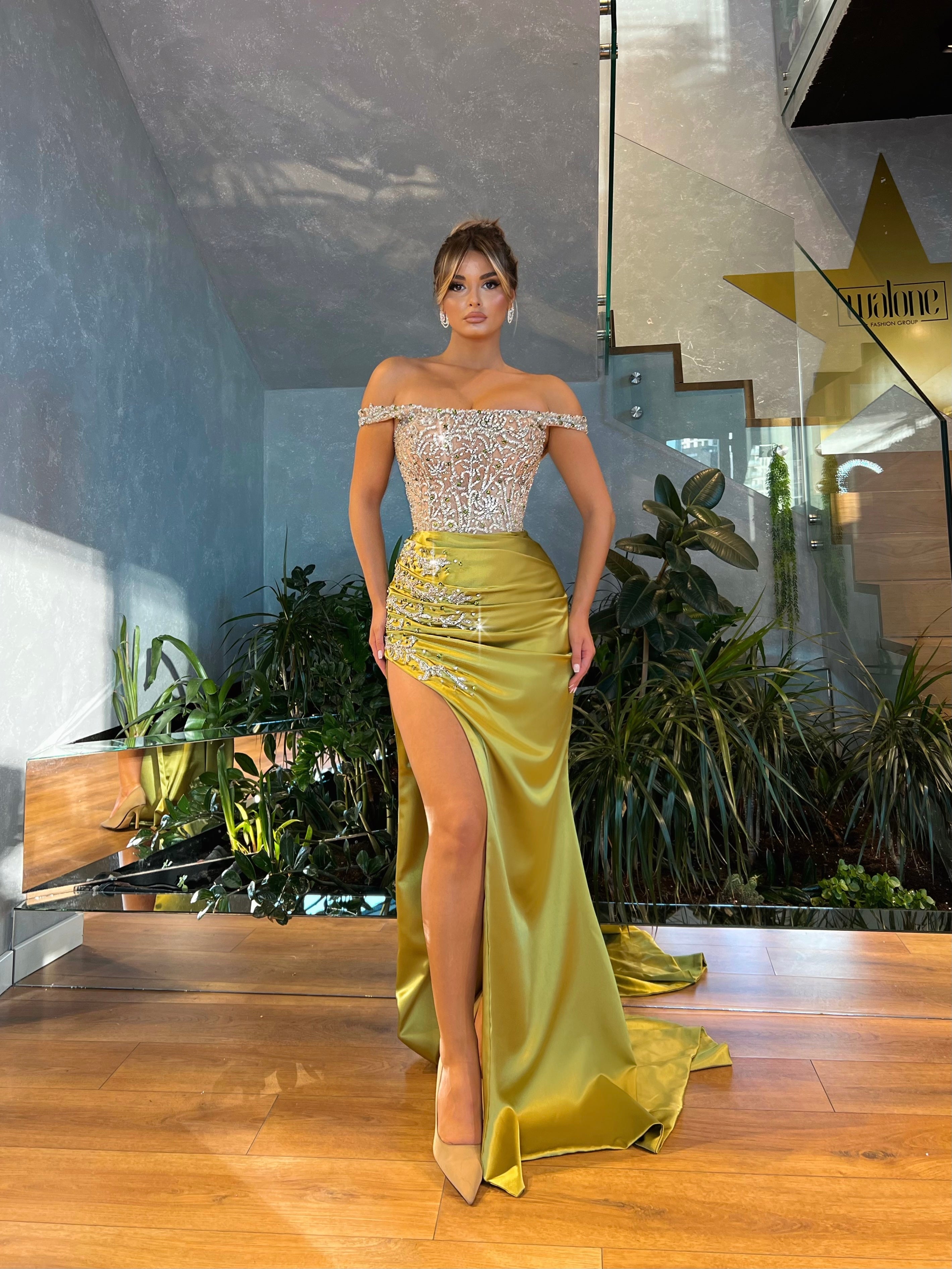 Olive Green Satin Dress with Silver Corset