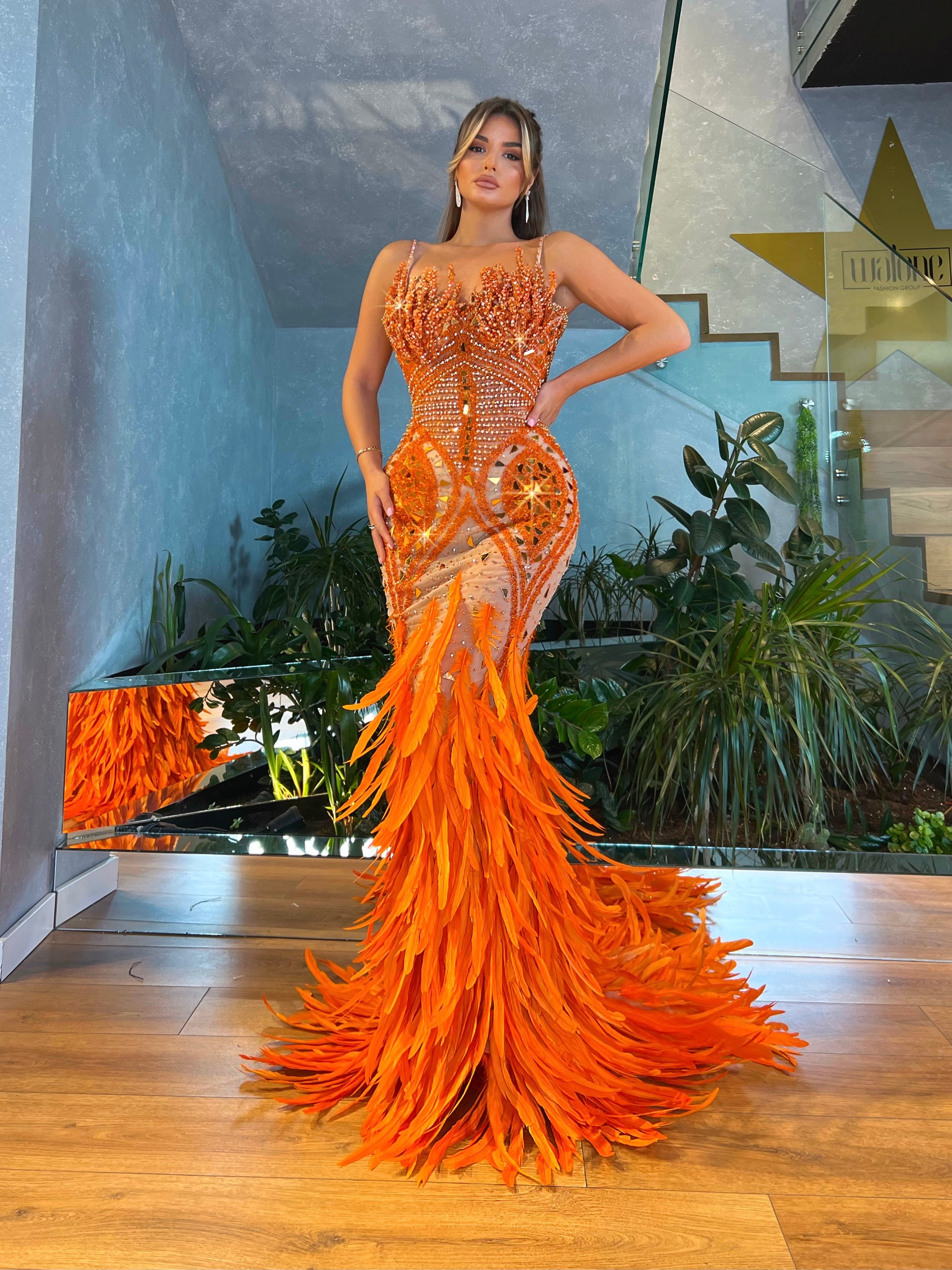 Mermaid Feathered Orange Dress