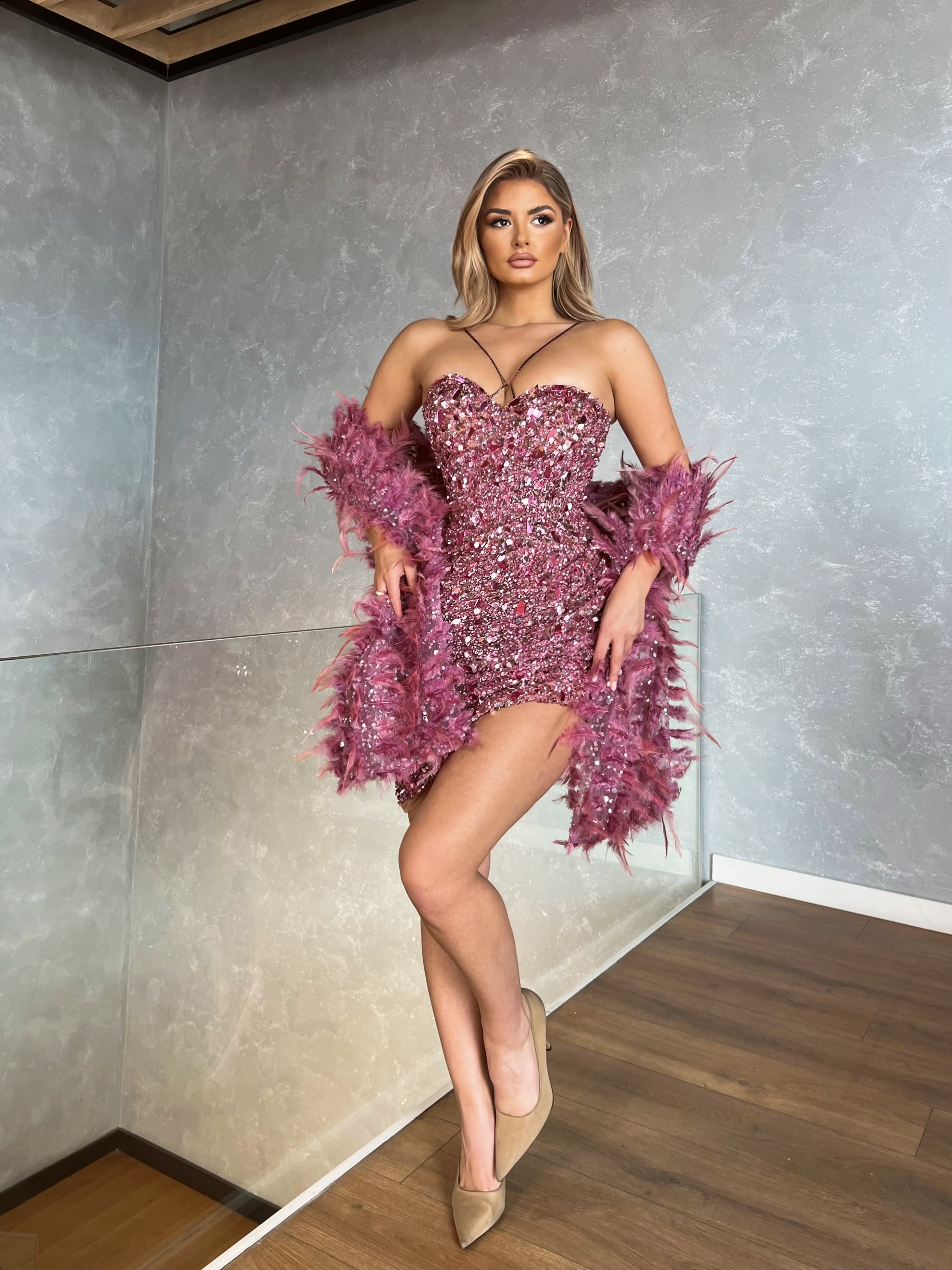 Pink Short Dress with Feathered Cape