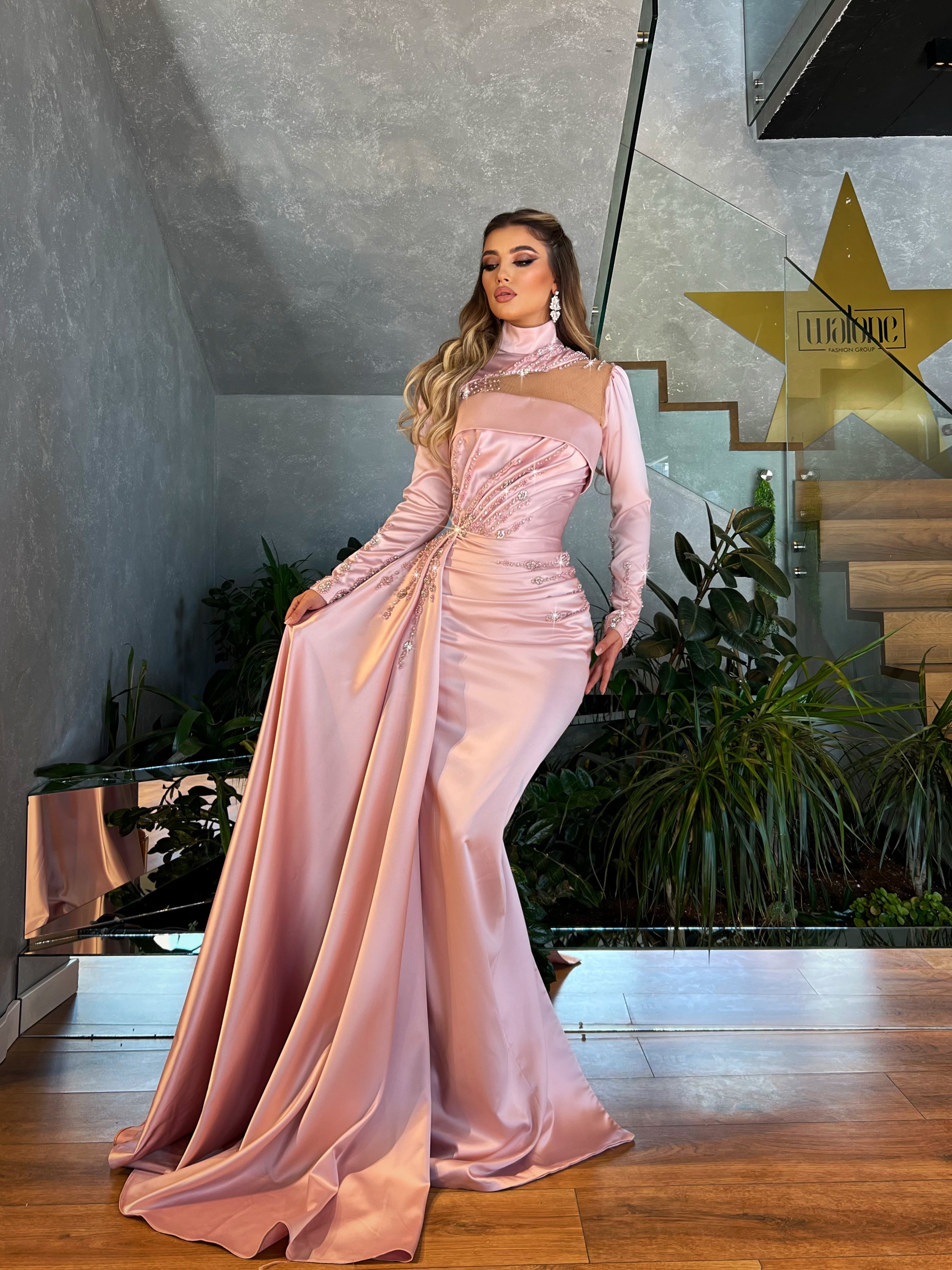 High Neck Baby Pink Dress with Side Tail