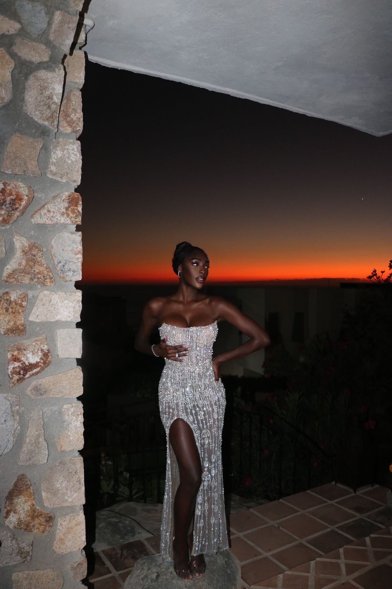 Strapless Silver Pearl Embroidered Dress with Side Slit