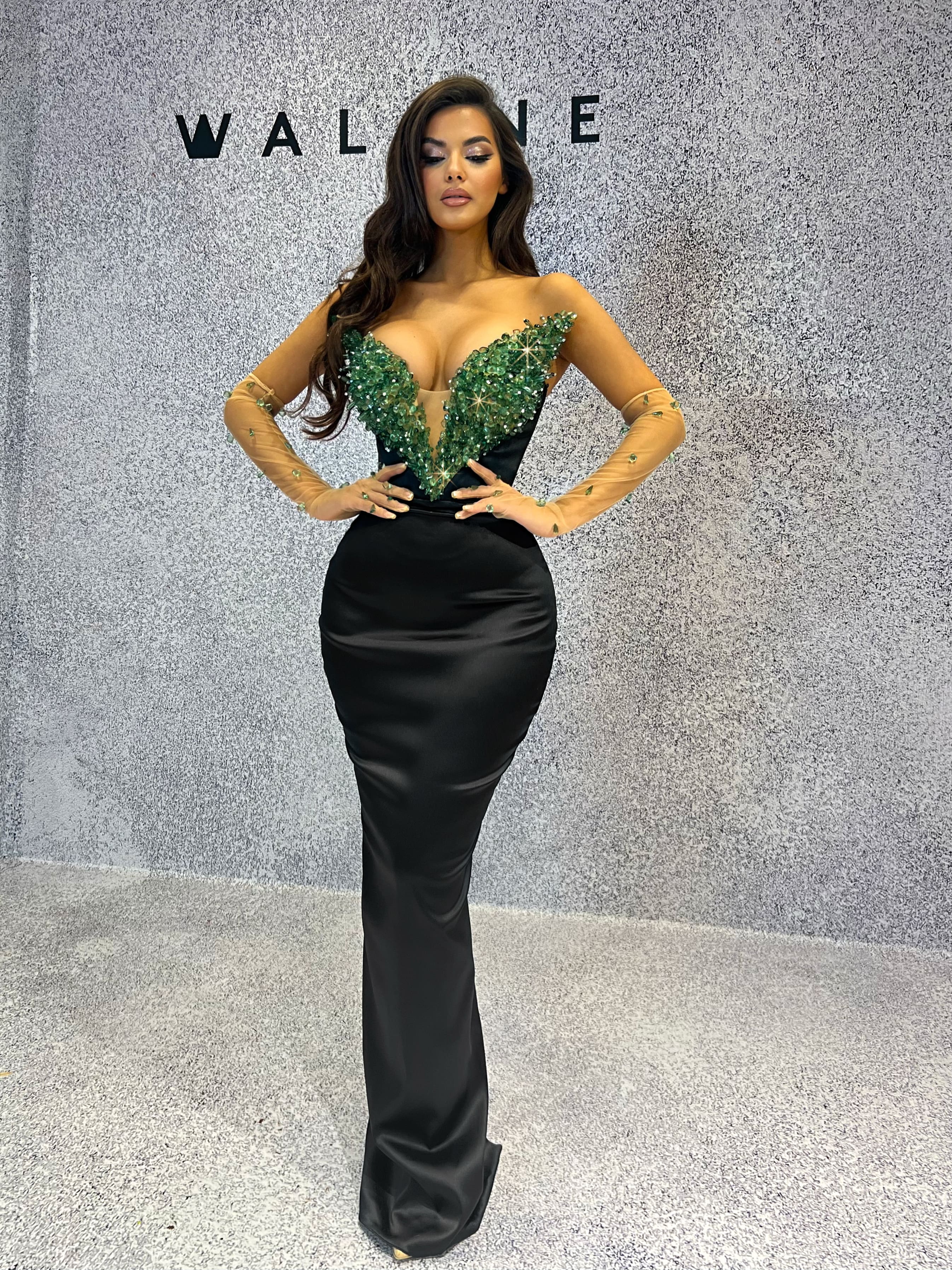 Black Dress with Heart Shaped Green Crystal Corset