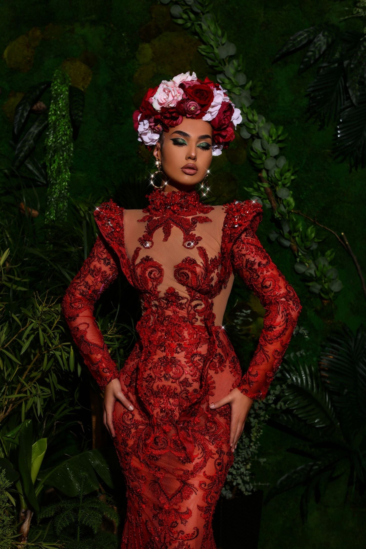 Red Lace Embellished Gown