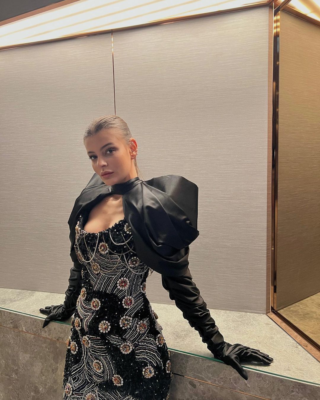 Black Embellished Dress with Detachable Sleeves