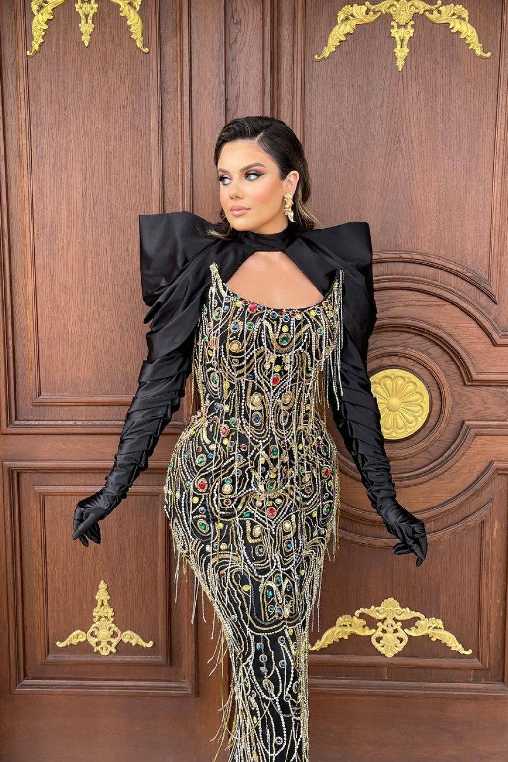 Black Embellished Dress with Detachable Sleeves