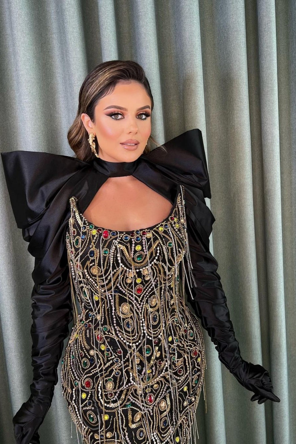 Black Embellished Dress with Detachable Sleeves