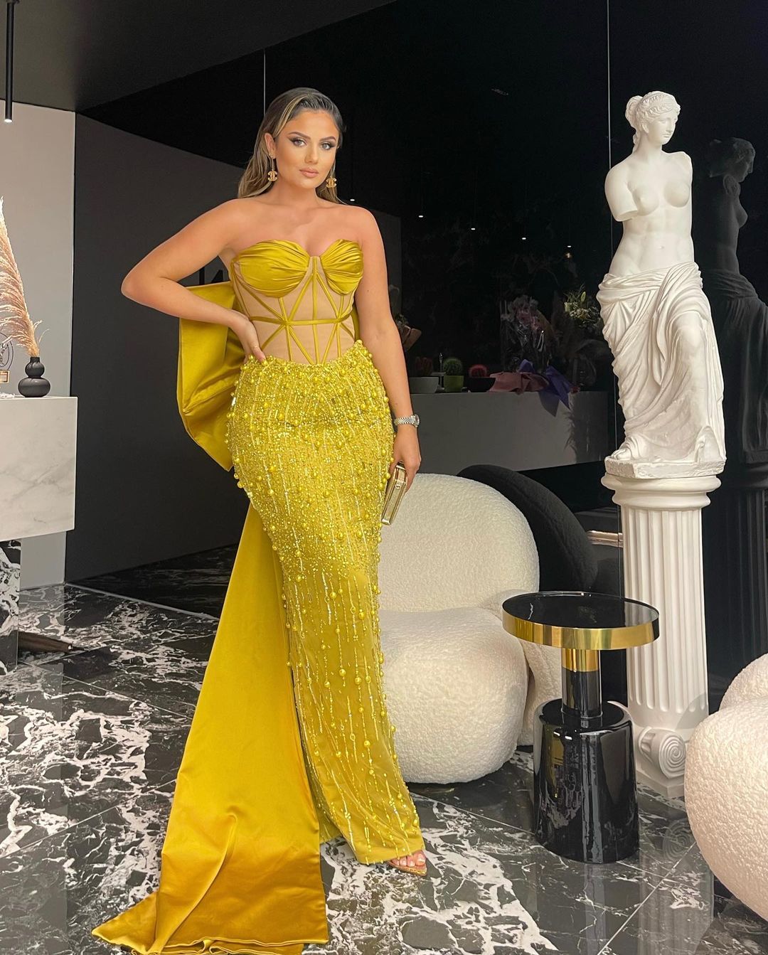 Strapless Chartreuse Dress with Bow Back