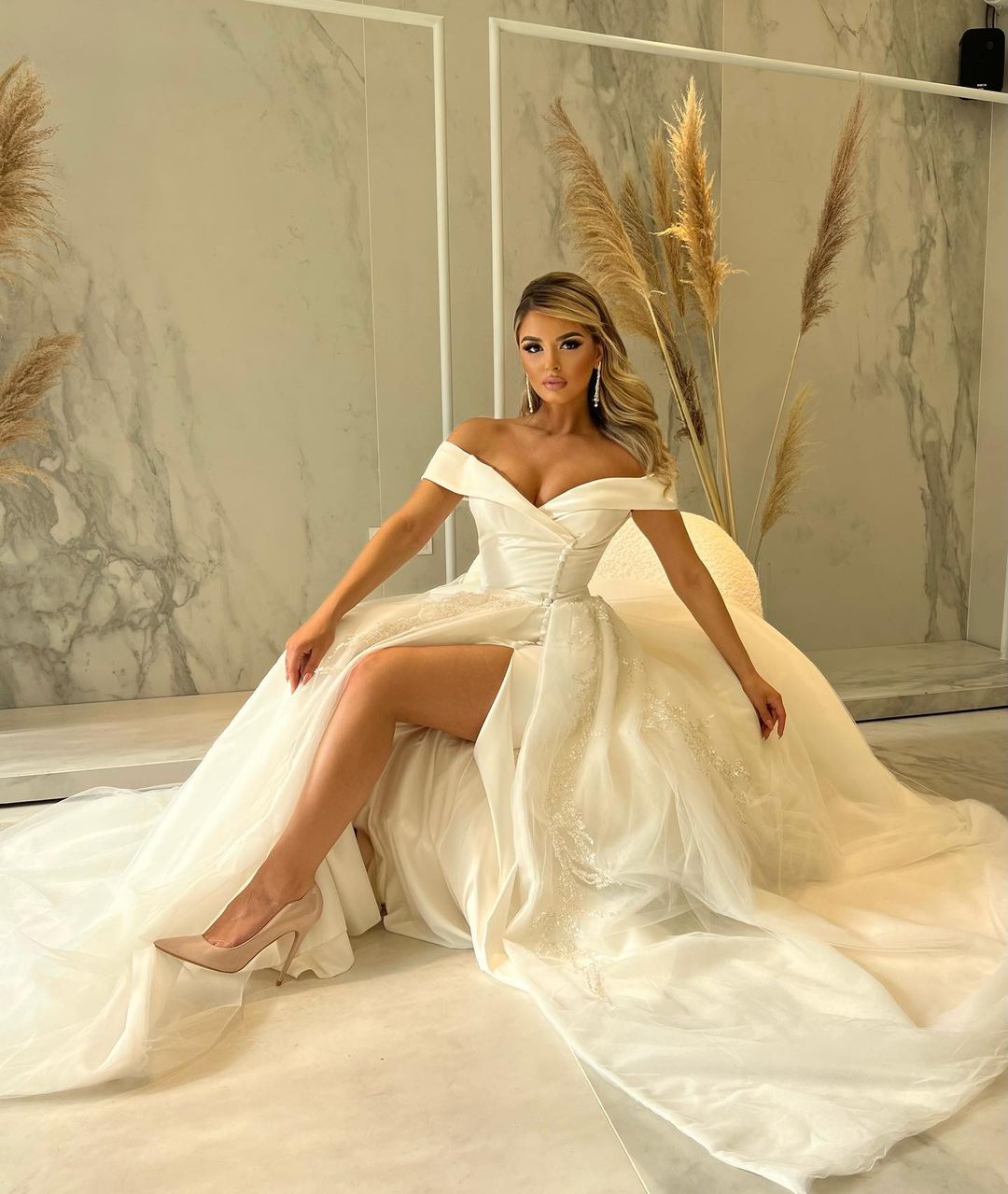 Side Slit Bridal Dress with Detachable Overskirt