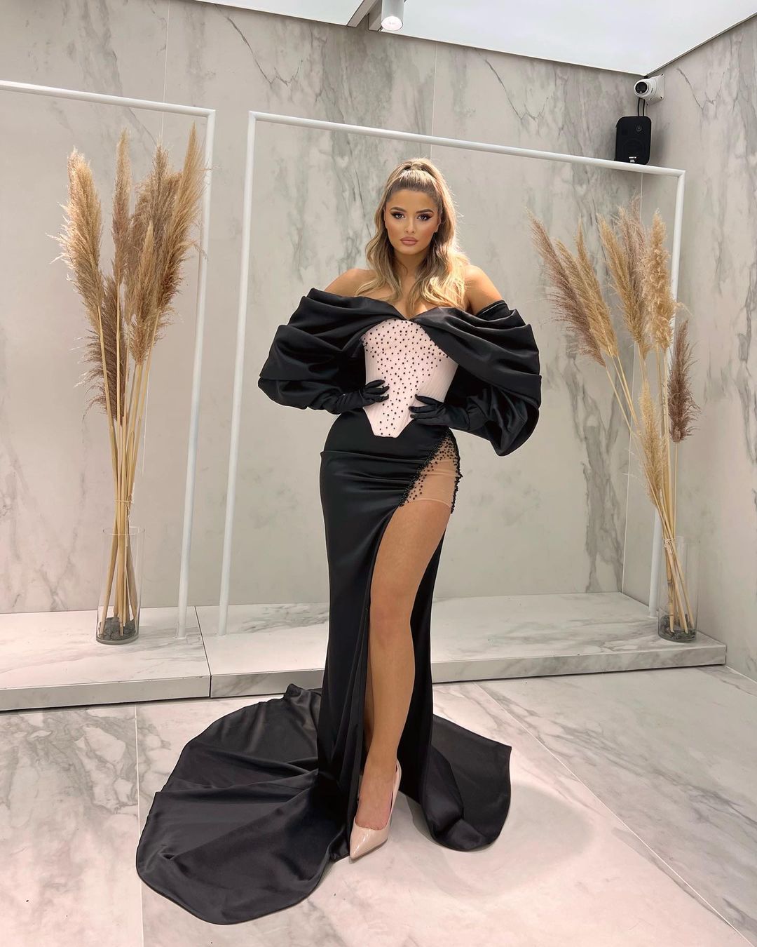 Side Slit Black Dress with Baby Pink Corset