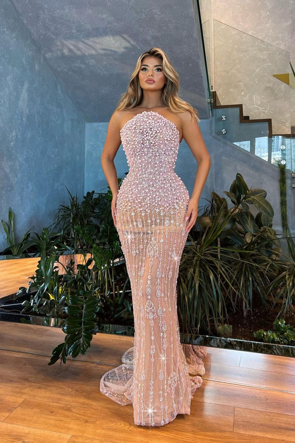 Strapless Pearl Embroidered Pink Dress