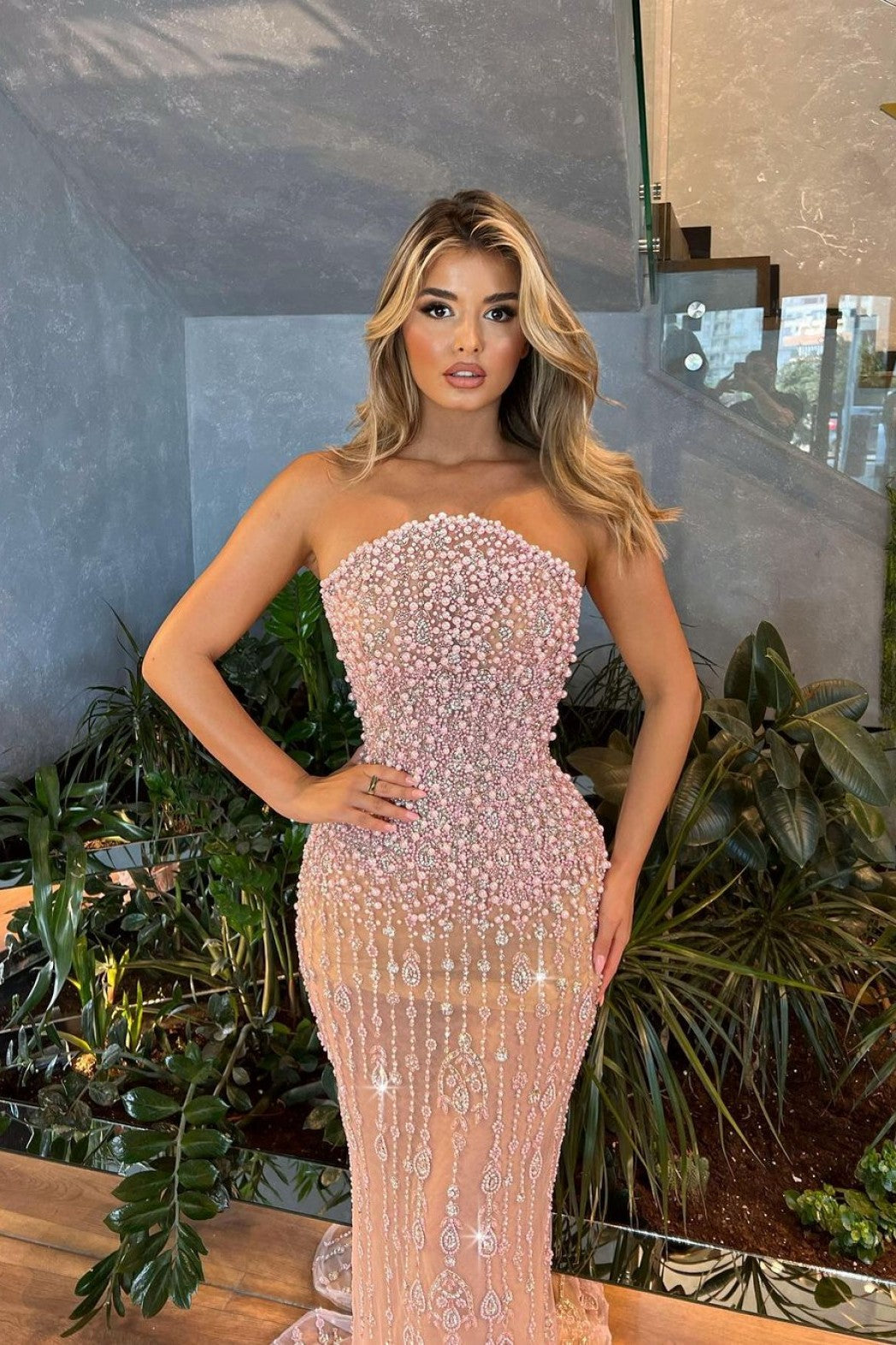 Strapless Pearl Embroidered Pink Dress