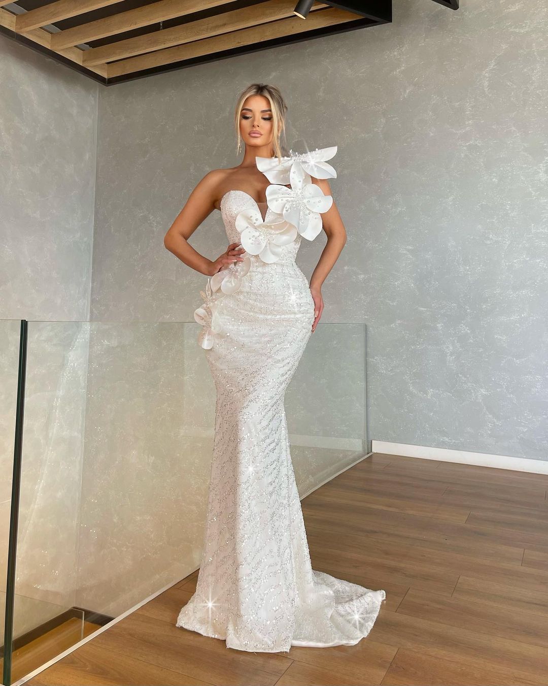 Shimmering Bridal Dress with Floral Details