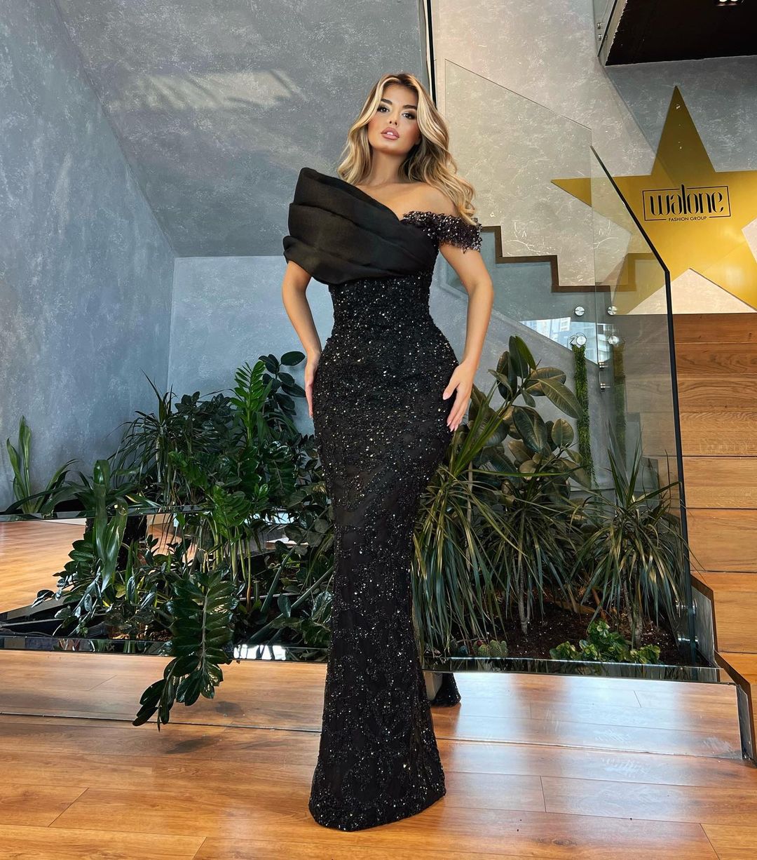 One Shoulder Satin Beaded Black Dress