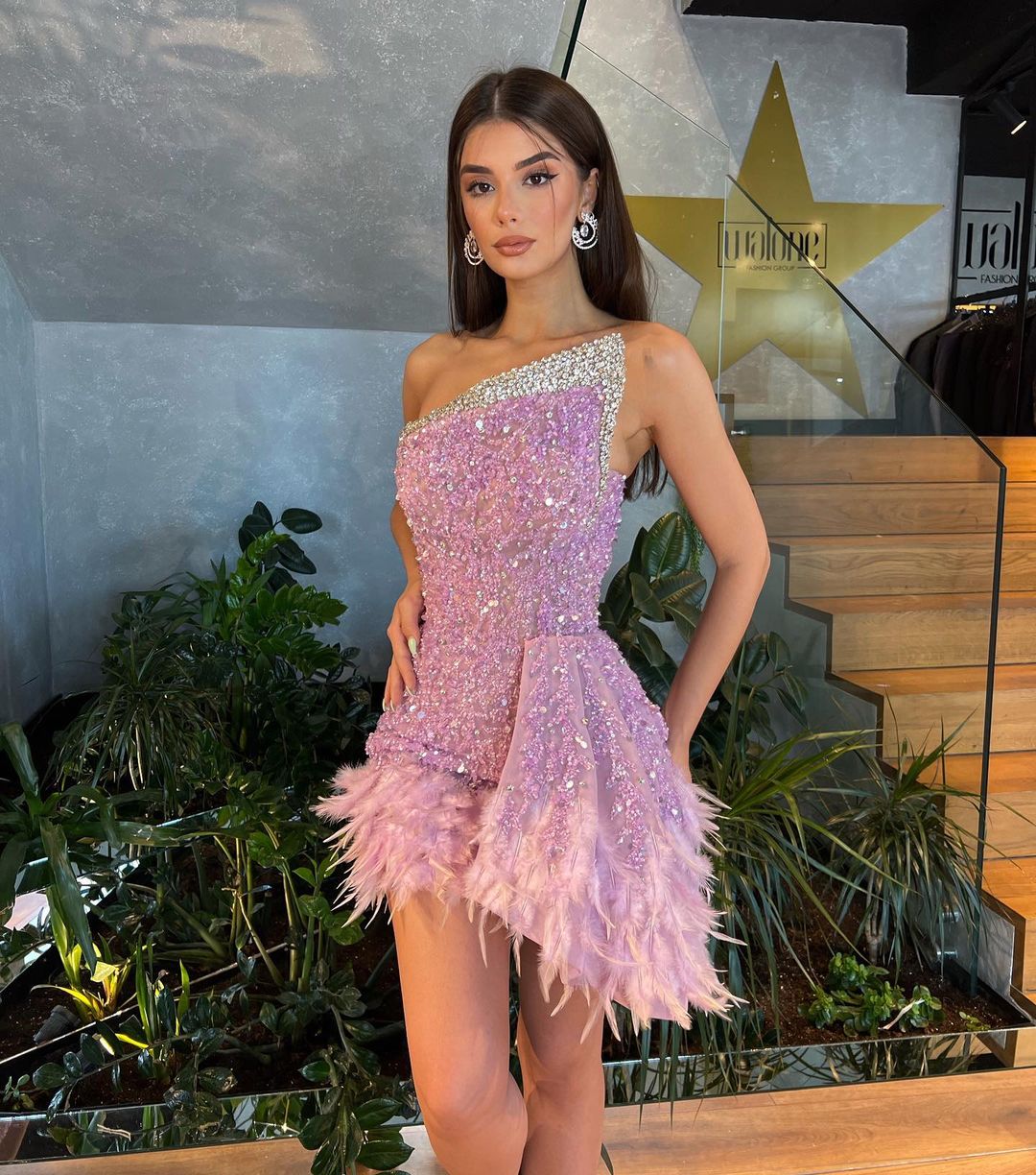 Asymmetrical Pink Beaded Short Dress