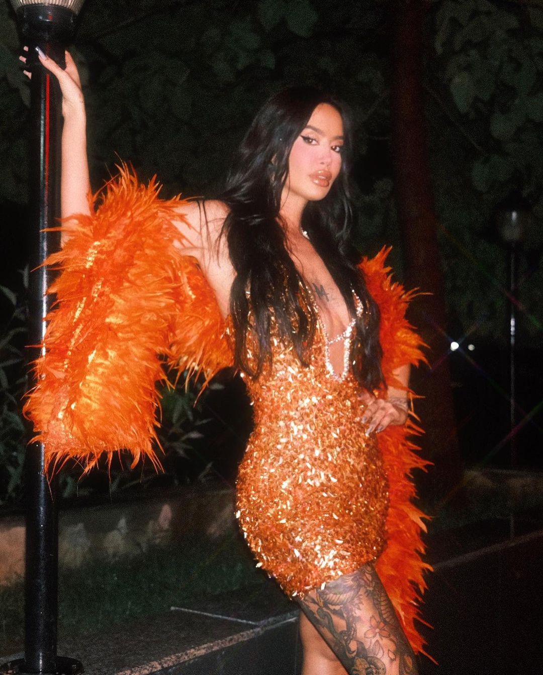 Dafina Zeqiri- Orange Feathered Dress