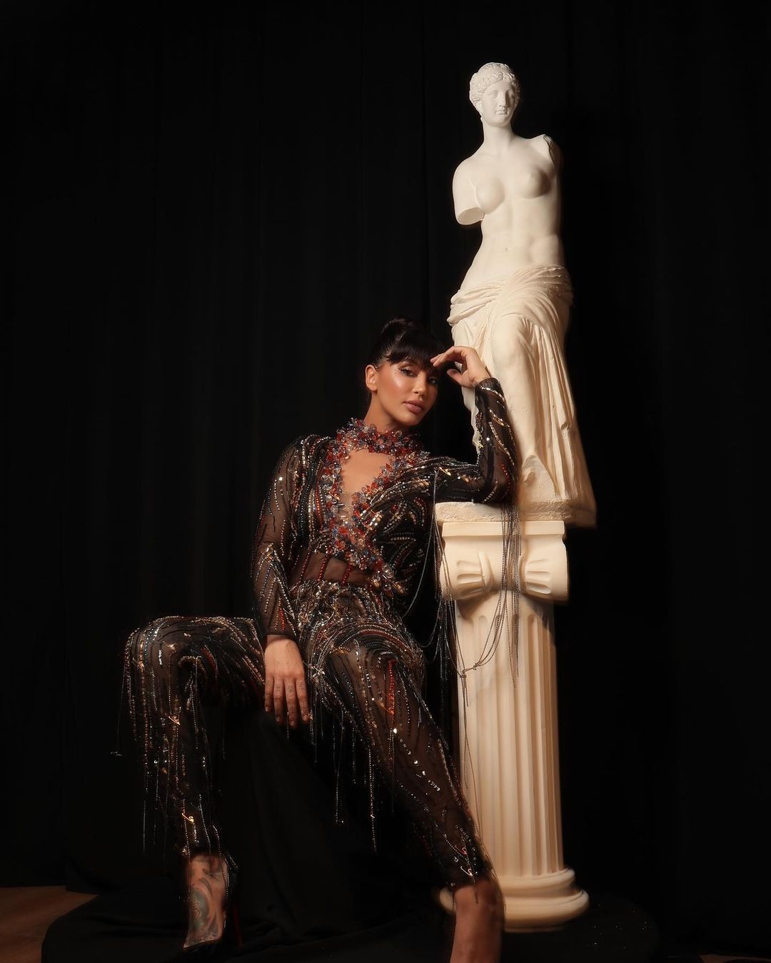 Dafina Zeqiri-Tassel Embellished Black Jumpsuit