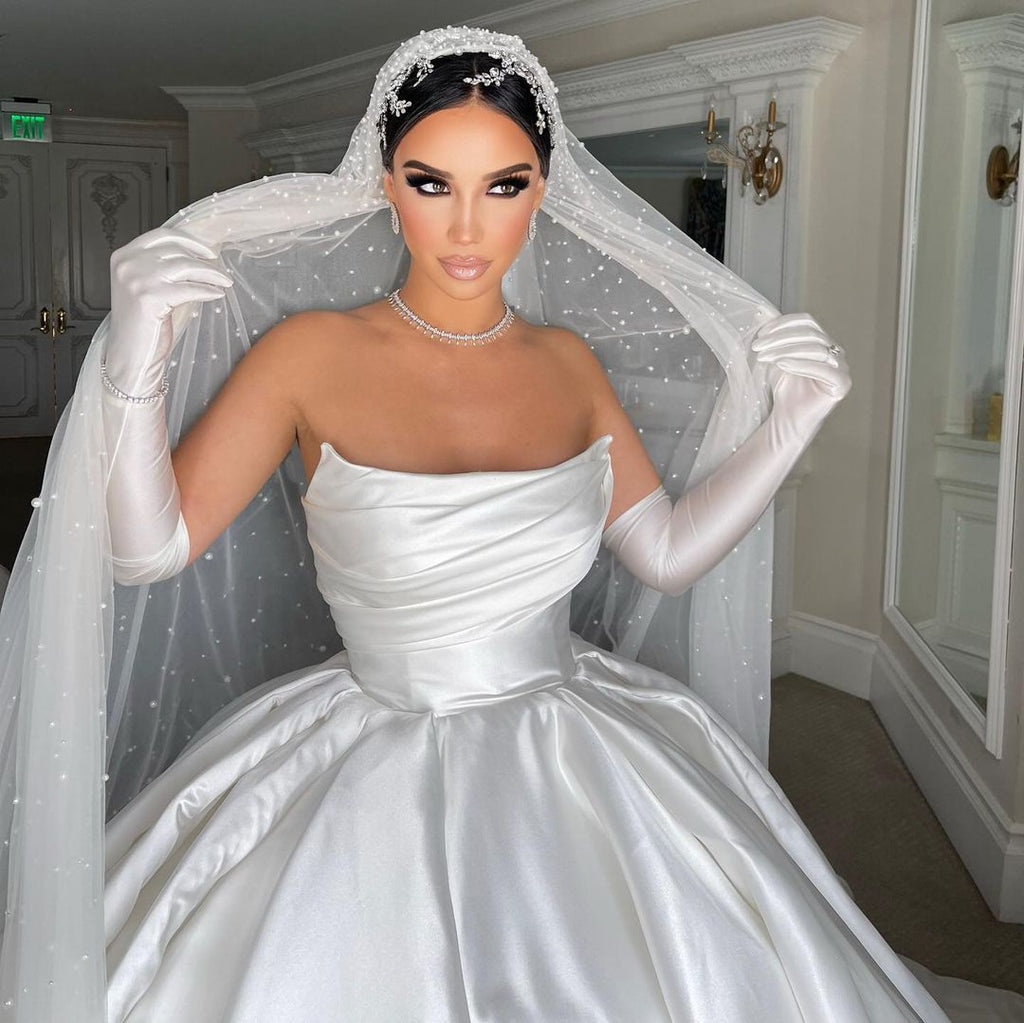 Strapless Satin Ball Gown with Gloves & Veil
