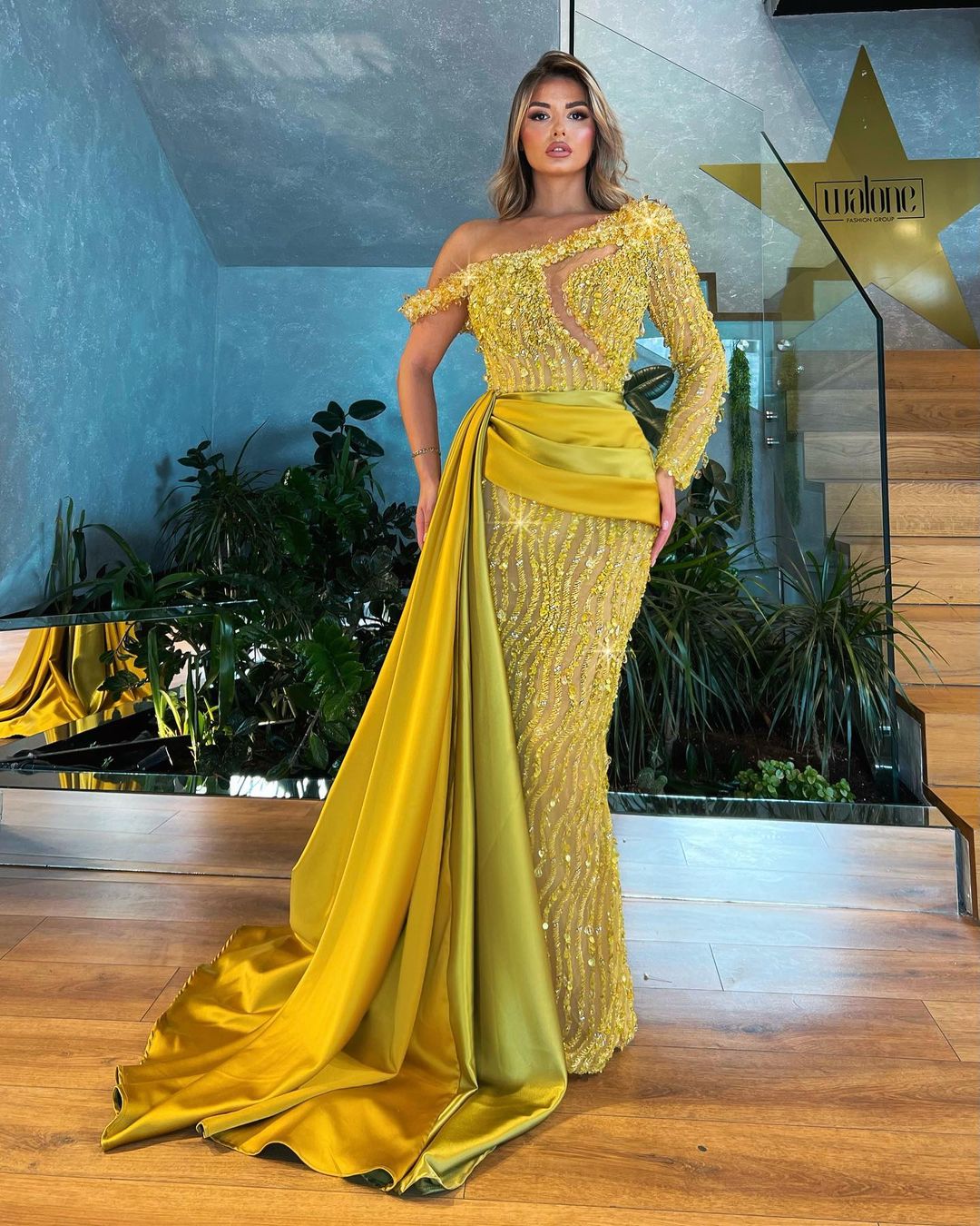 One Shoulder Yellow Embellished Dress with Satin Tail