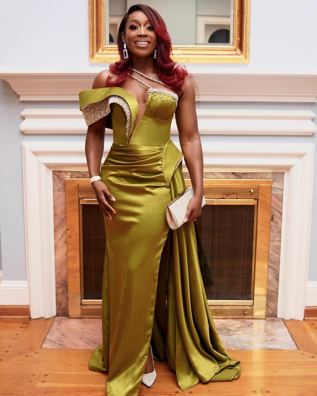 Asymmetrical Olive Green Dress with Side Tail