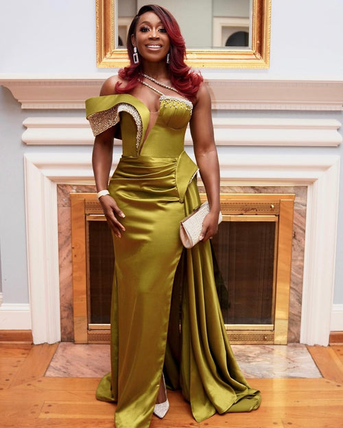 Asymmetrical Olive Green Dress with Side Tail XS