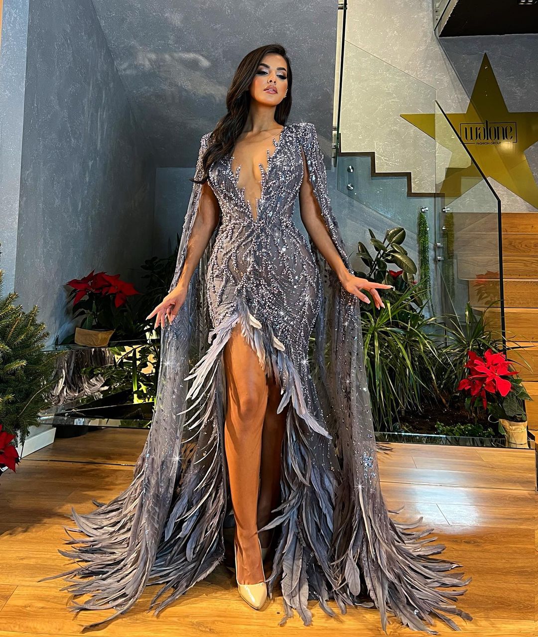Gray Embellished Feathered Dress with Cape Sleeves
