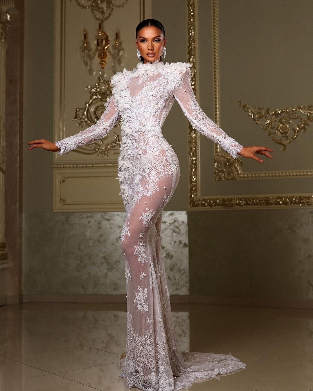 High Neck Lace Bridal Dress with Open Back