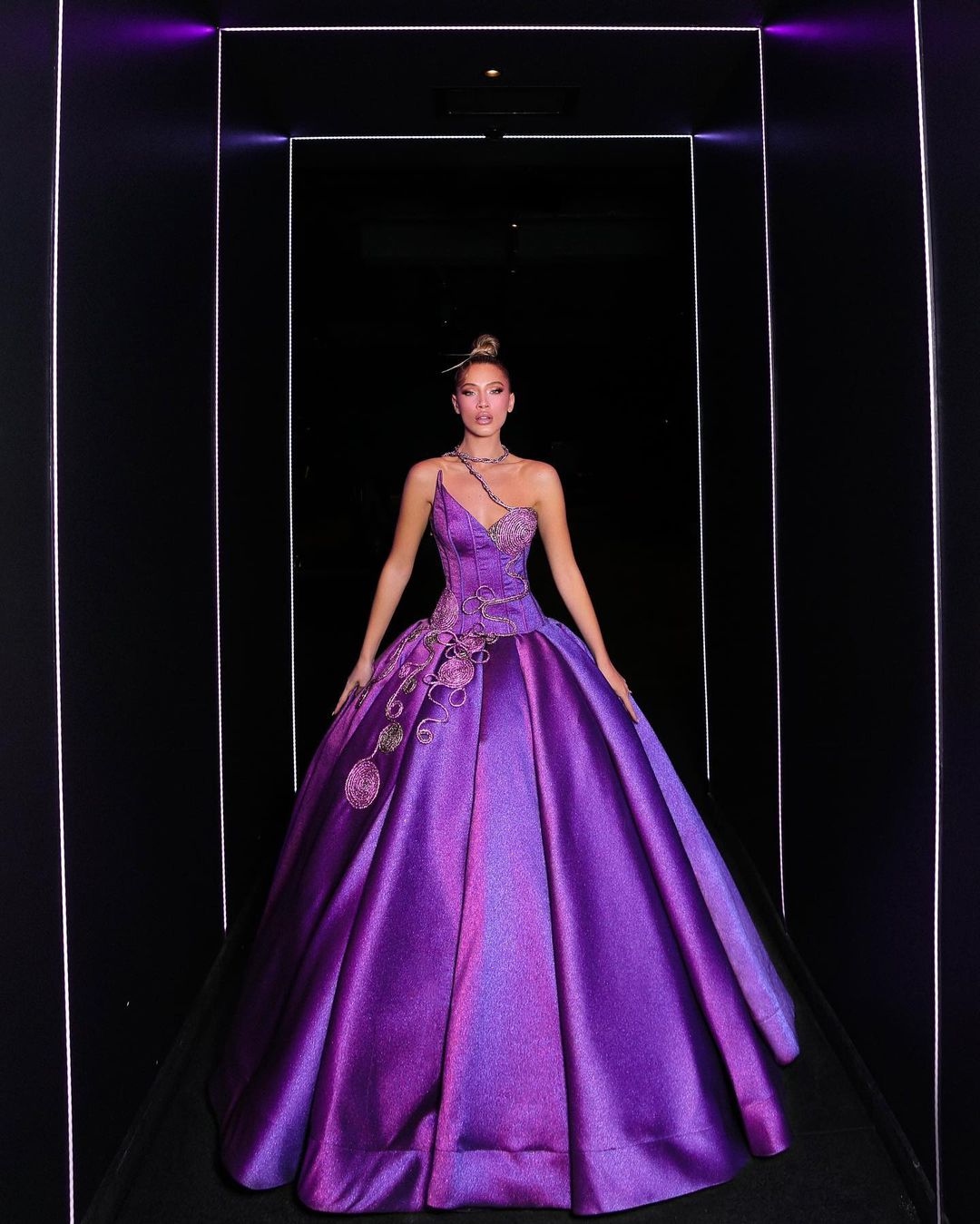 Purple Shimmering Ball Gown with Glitter Ribbon Trim Details