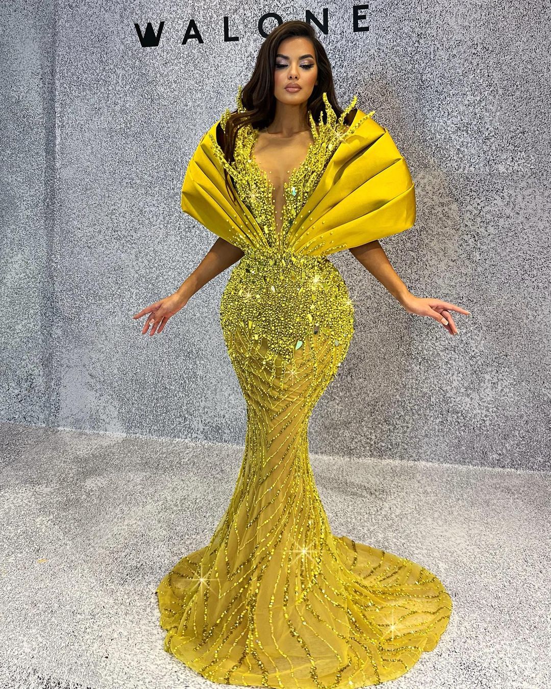 Yellow Embellished Dress with Satin Shoulders Details