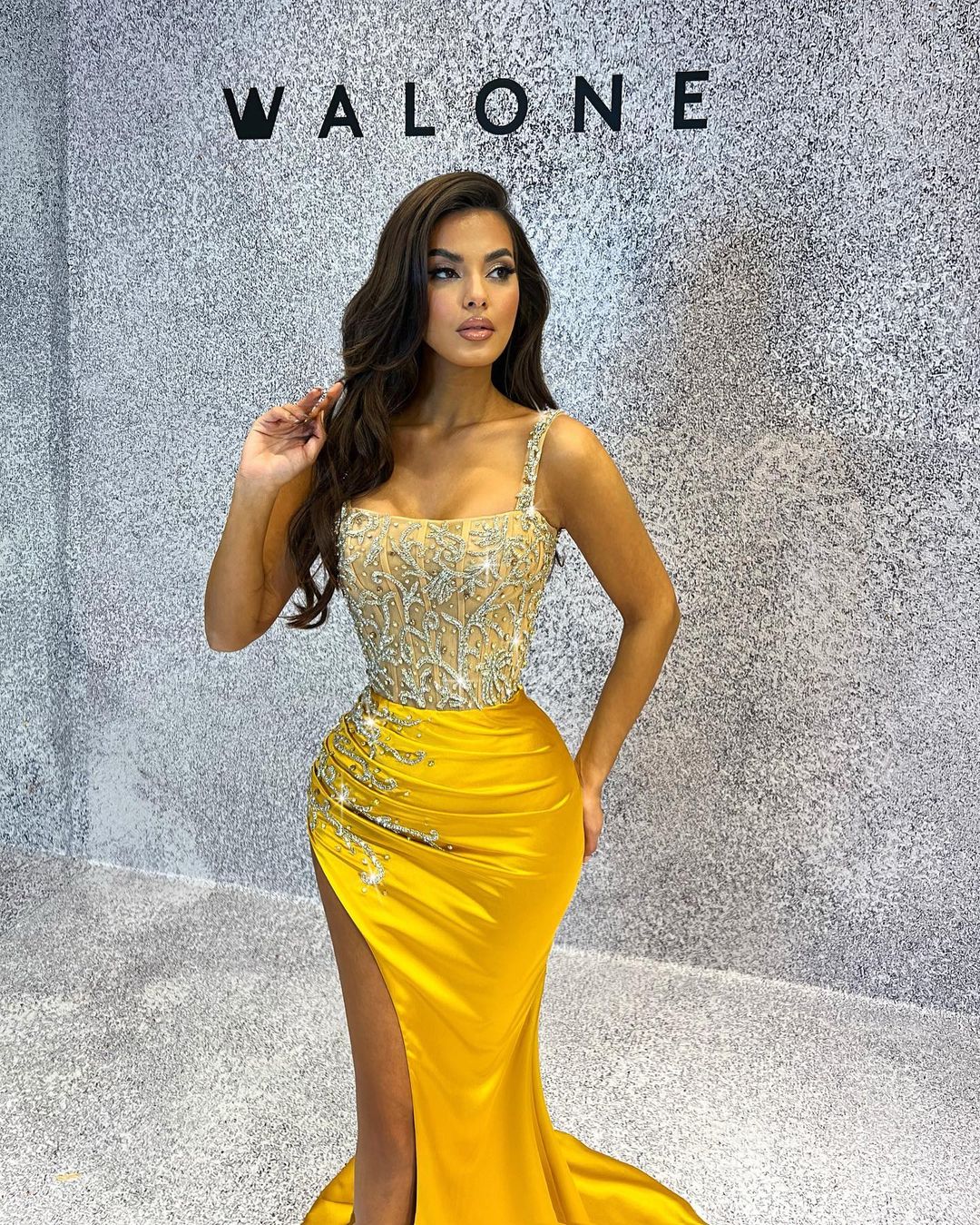 Yellow Satin Dress with Silver Corset – Walone LLC