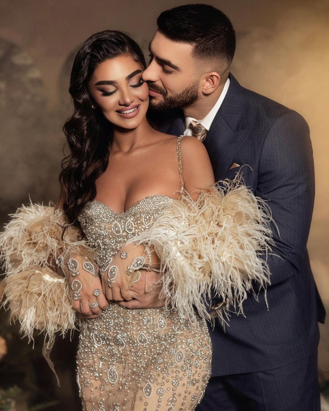 Spaghetti Straps Silver Embellished Dress with Feathered Cape