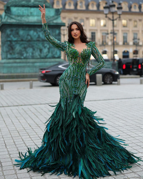Mermaid Emerald Green Dress with Feathered Train XL