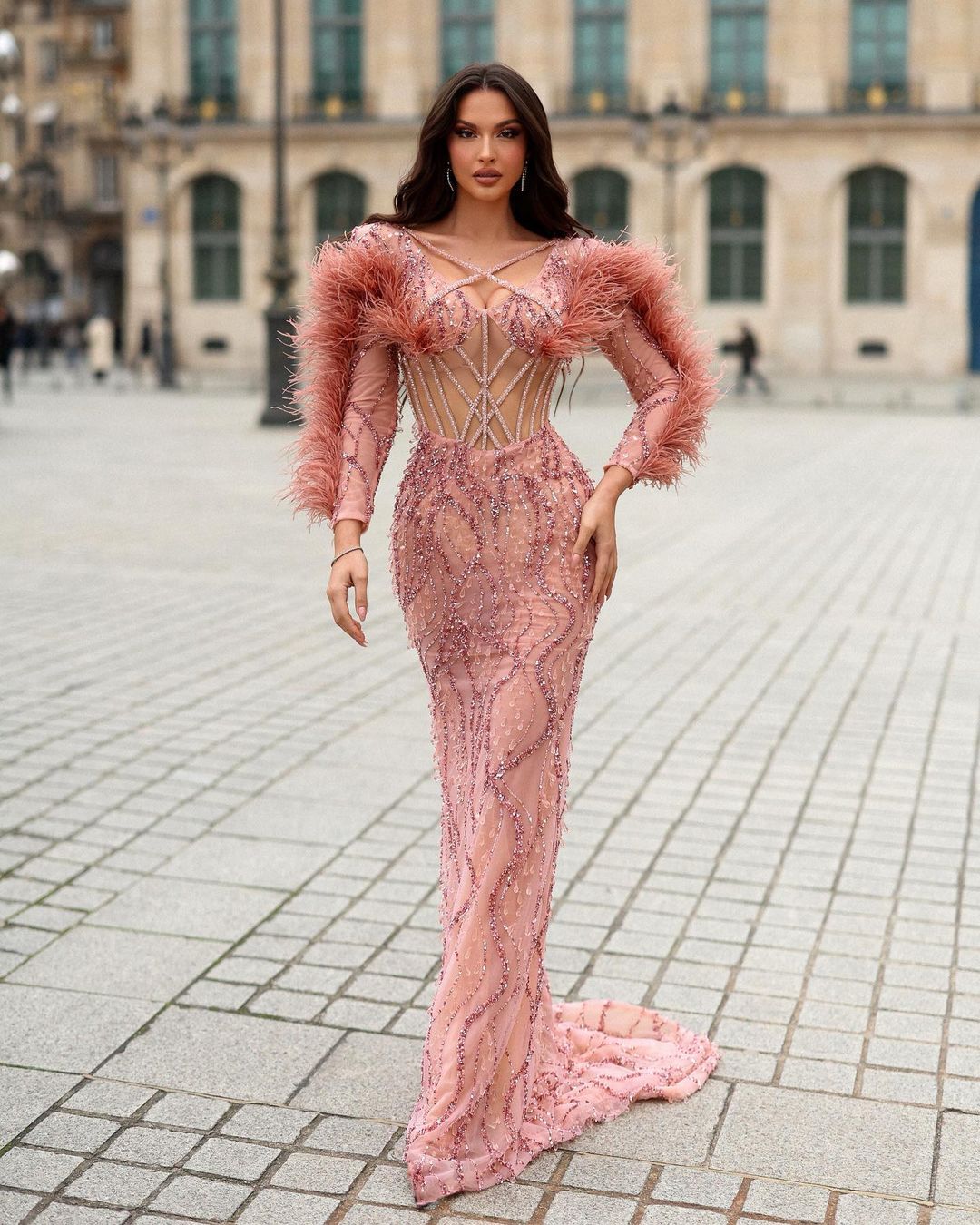 Blush Pink Embroidered Dress with Feathered Sleeves