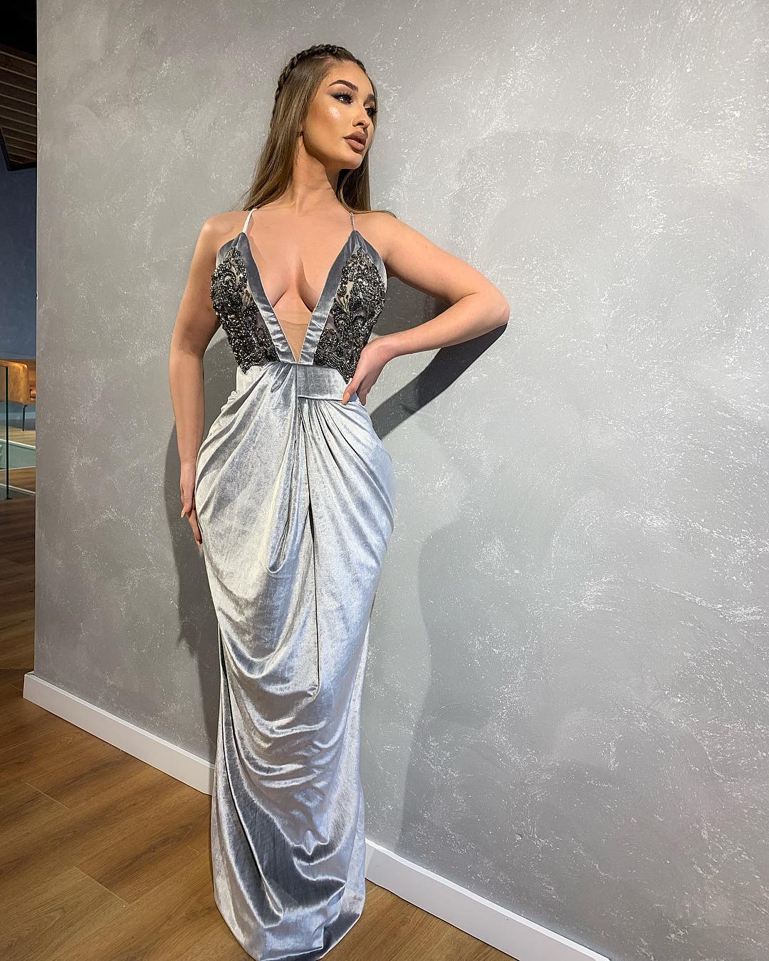 Spaghetti Straps Silver Embroidered Dress