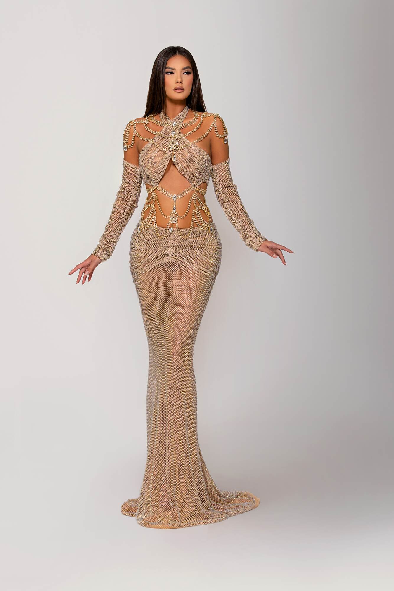 Two-Piece Crystal Mesh Nude Dress with Rhinestones Trim