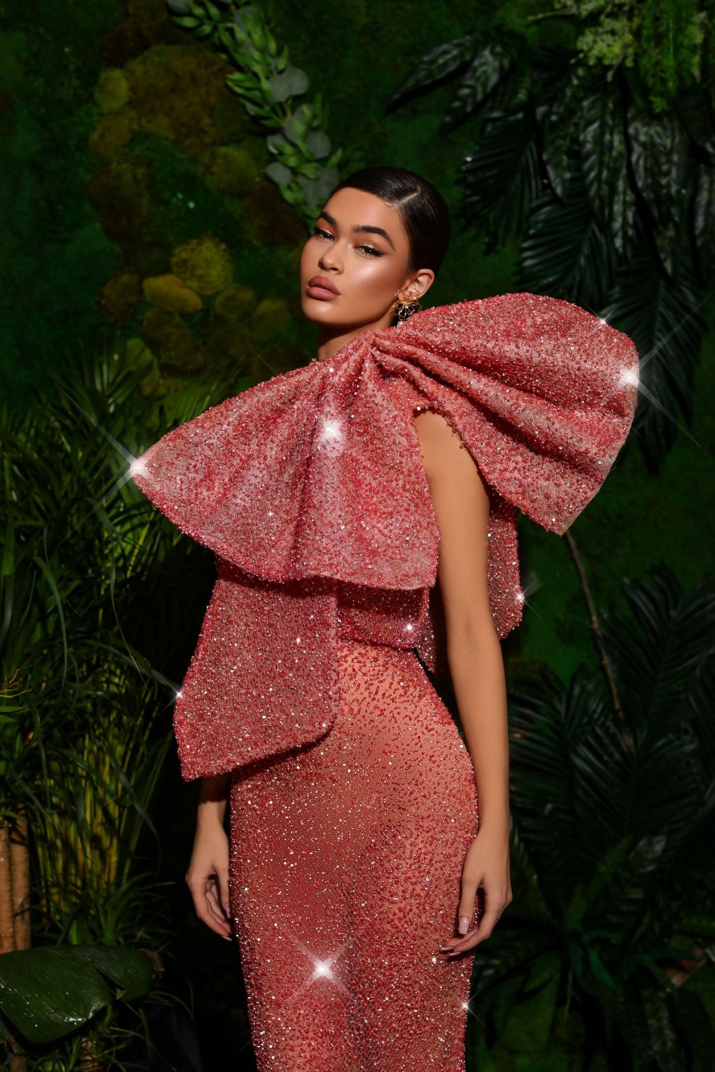 ribbon dress Bow Pink XL La Femme Beaded Long this dress features undulating week2625_20250622 SIZE:30 X 32