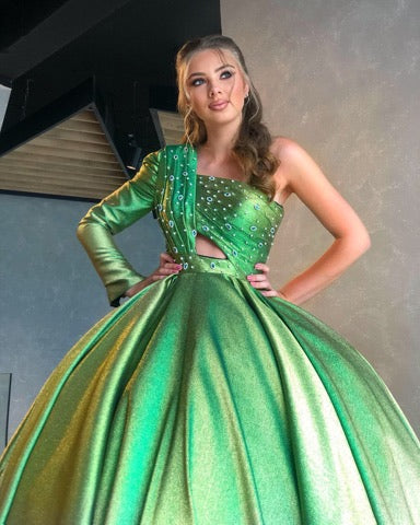 One Shoulder Sleeve Lime Green Ball Gown
