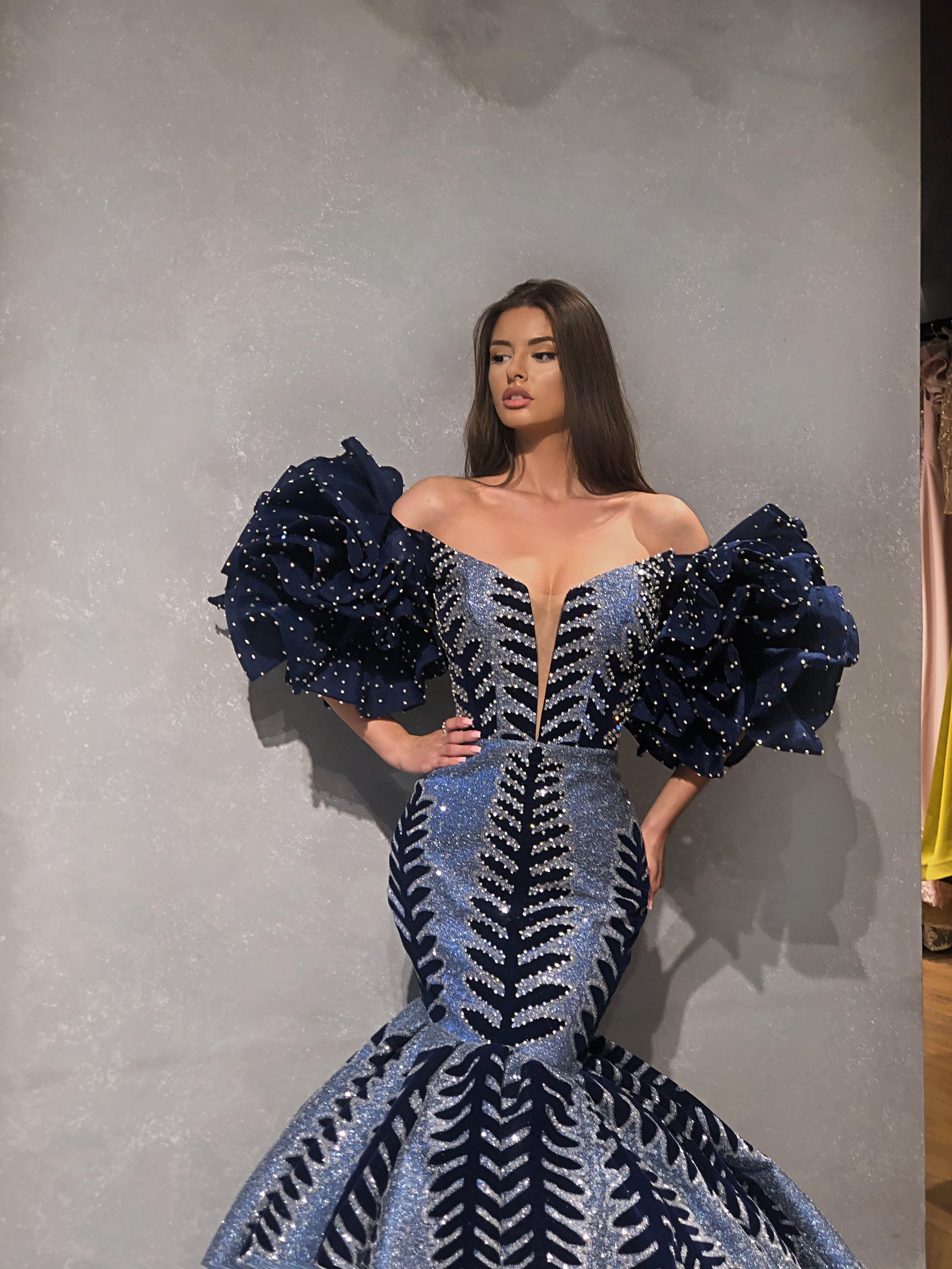 Mermaid Black & Blue Puff Sleeves Dress