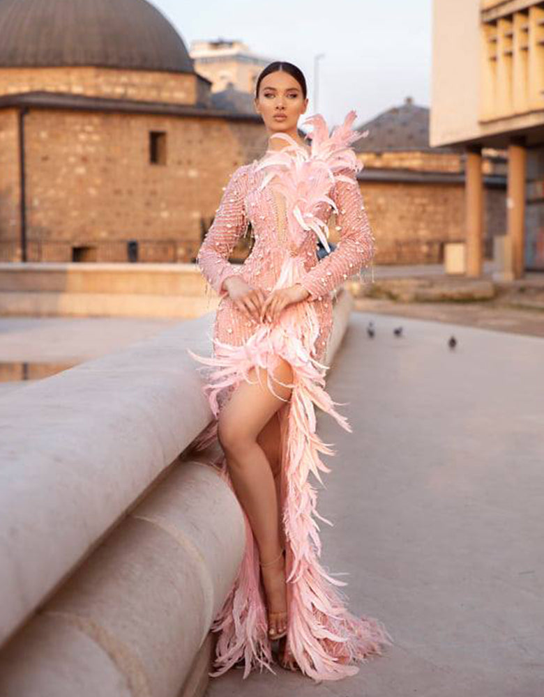 Pink Embellished Feathered Dress XL