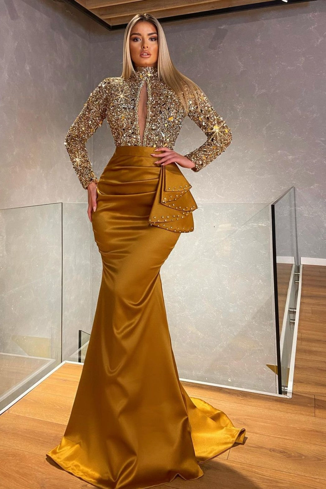 Embroidered Satin Evening Gown